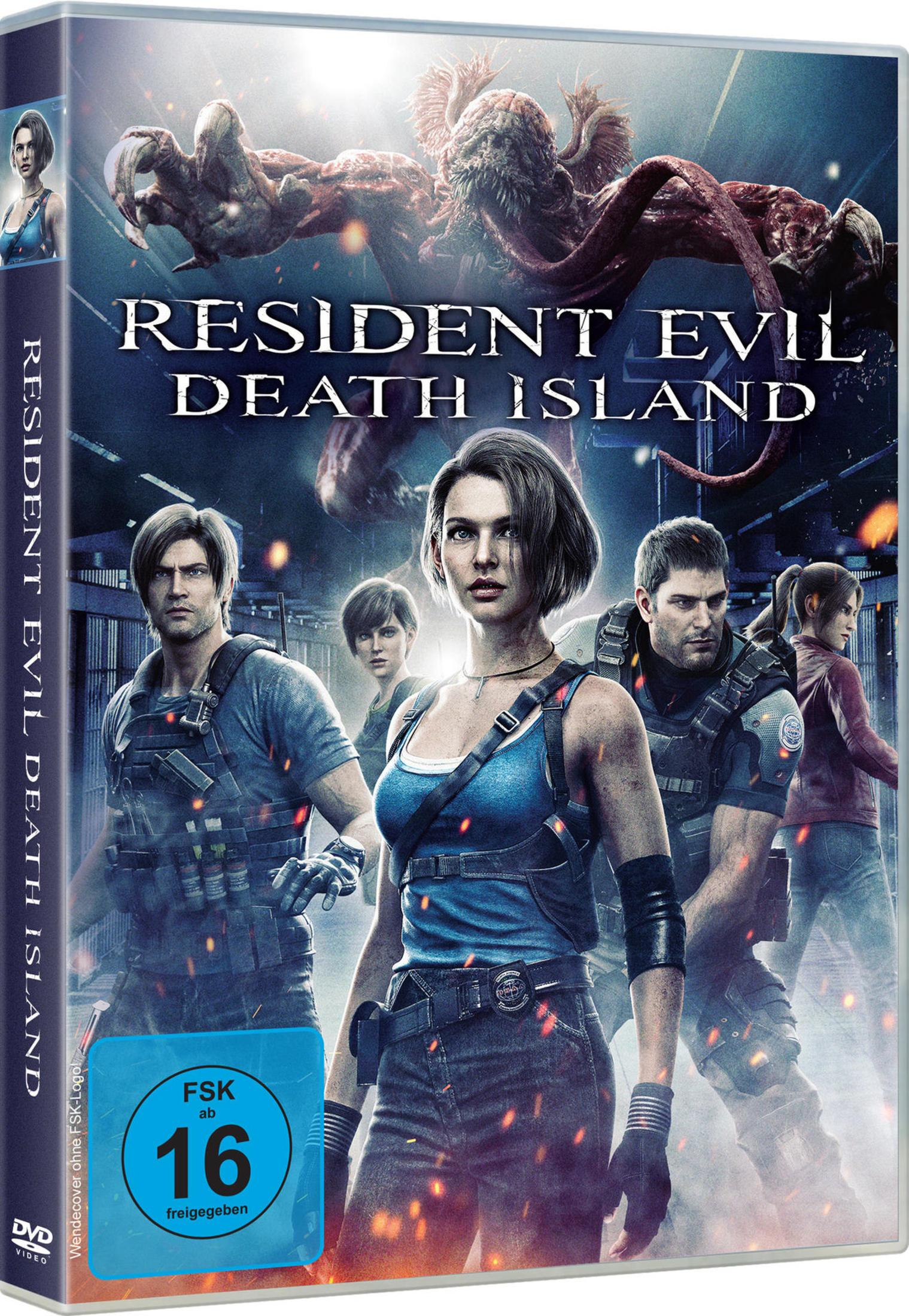 La copertina mostra i personaggi di Resident Evil Death Island con un mostro sullo sfondo.