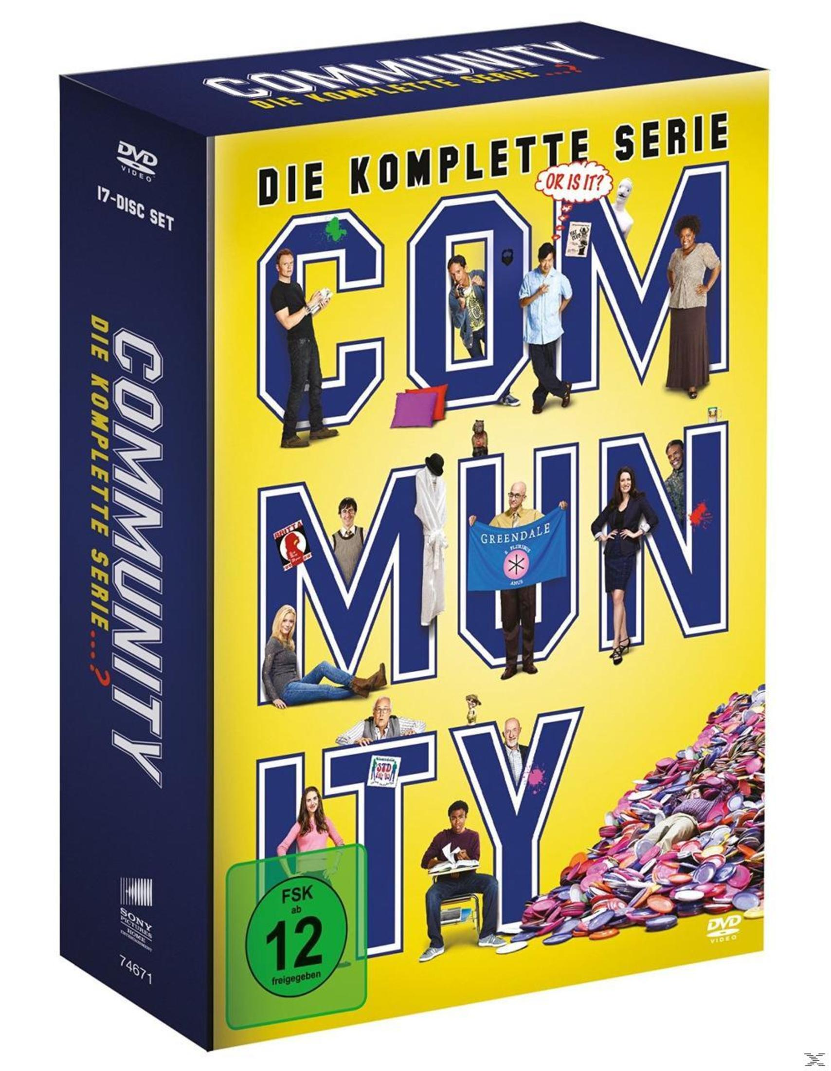 DVD-Box 'Community Die komplette Serie' mit Darstellern und dem Schriftzug 'COMMUNITY'.