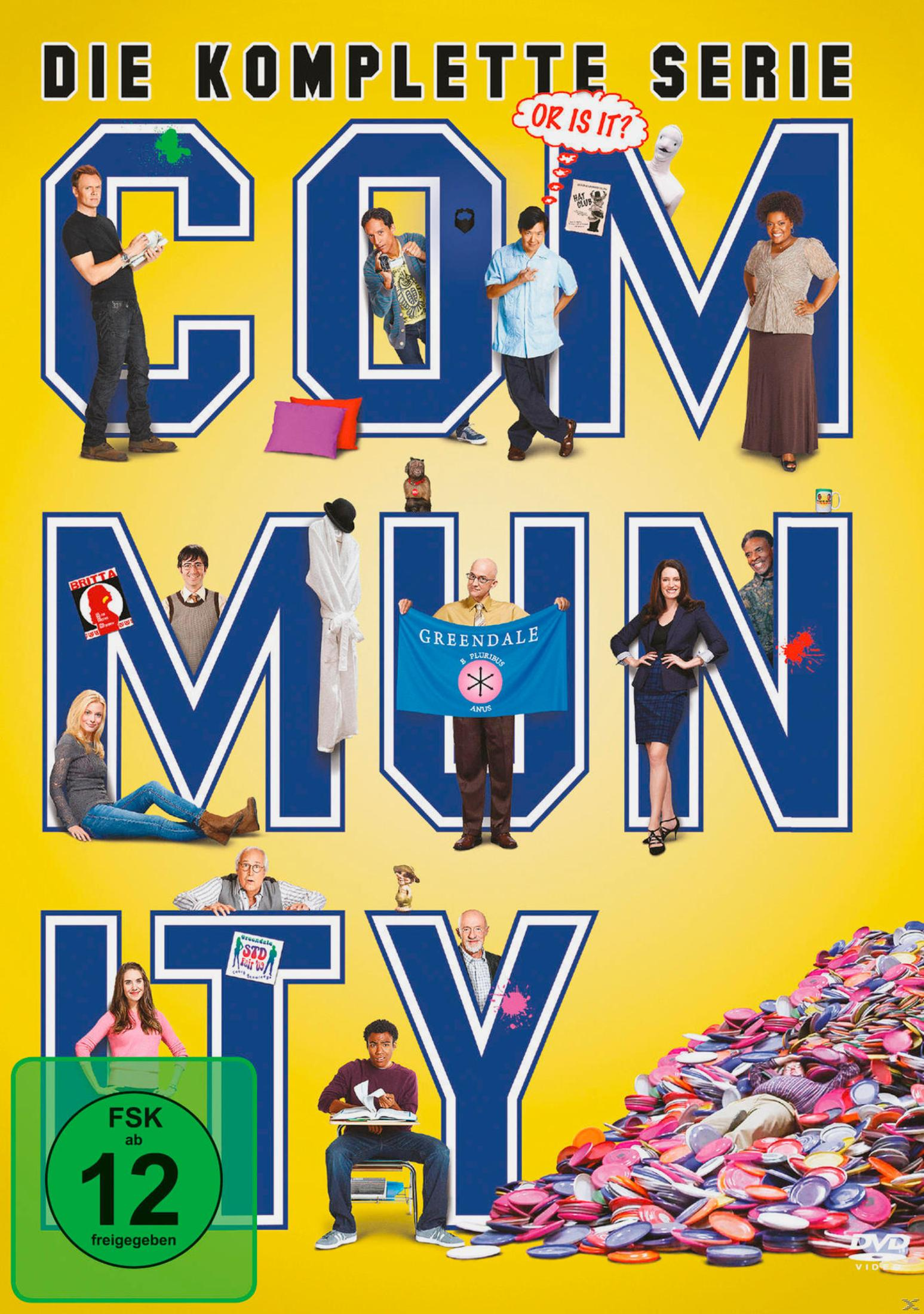 Die "Community" Serie: Bunte Frisbees, Charaktere und FSK 12 Logo.
