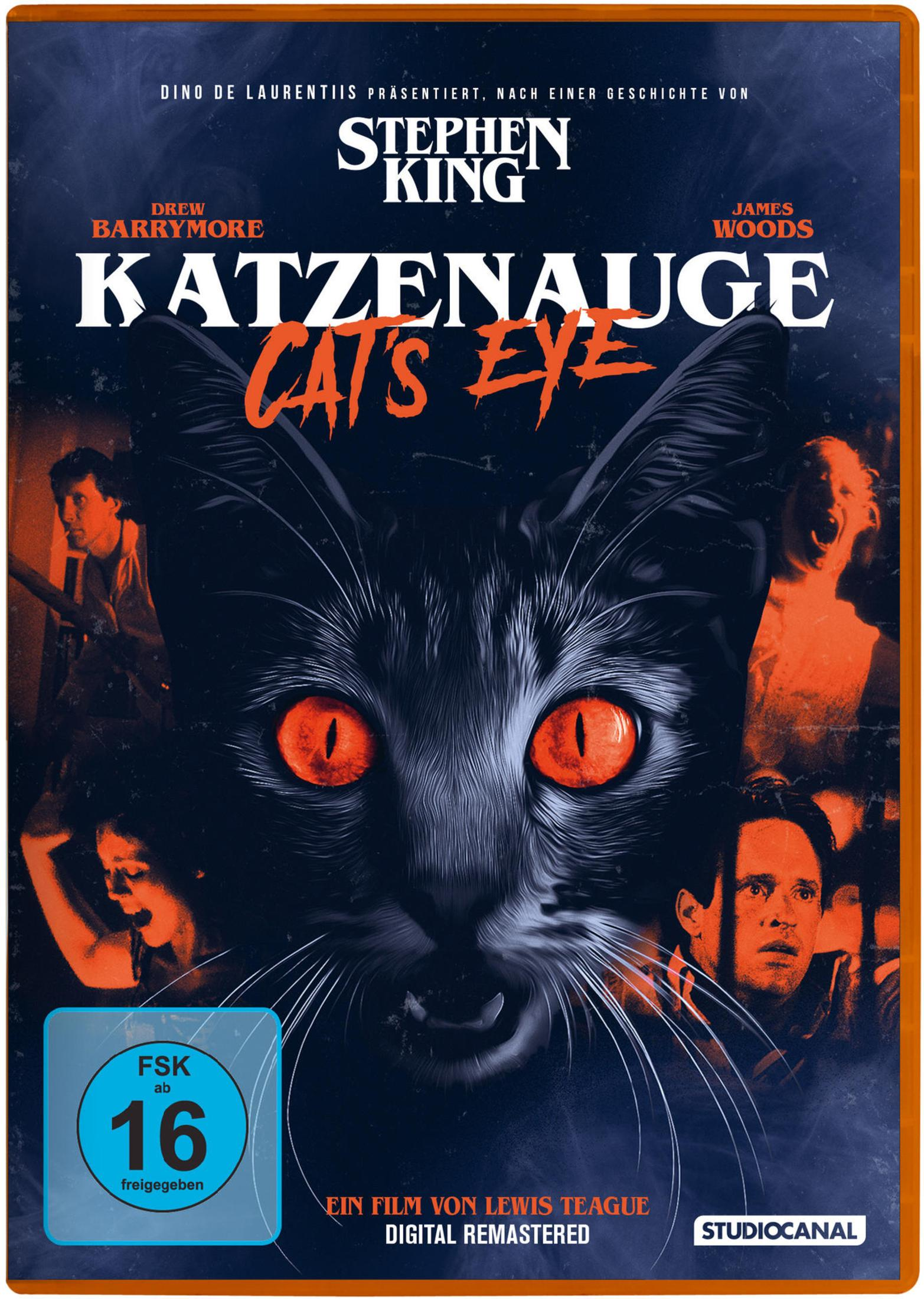 Un poster di un film con un gatto dagli occhi rossi luminosi. Il titolo è Occhi di gatto.
