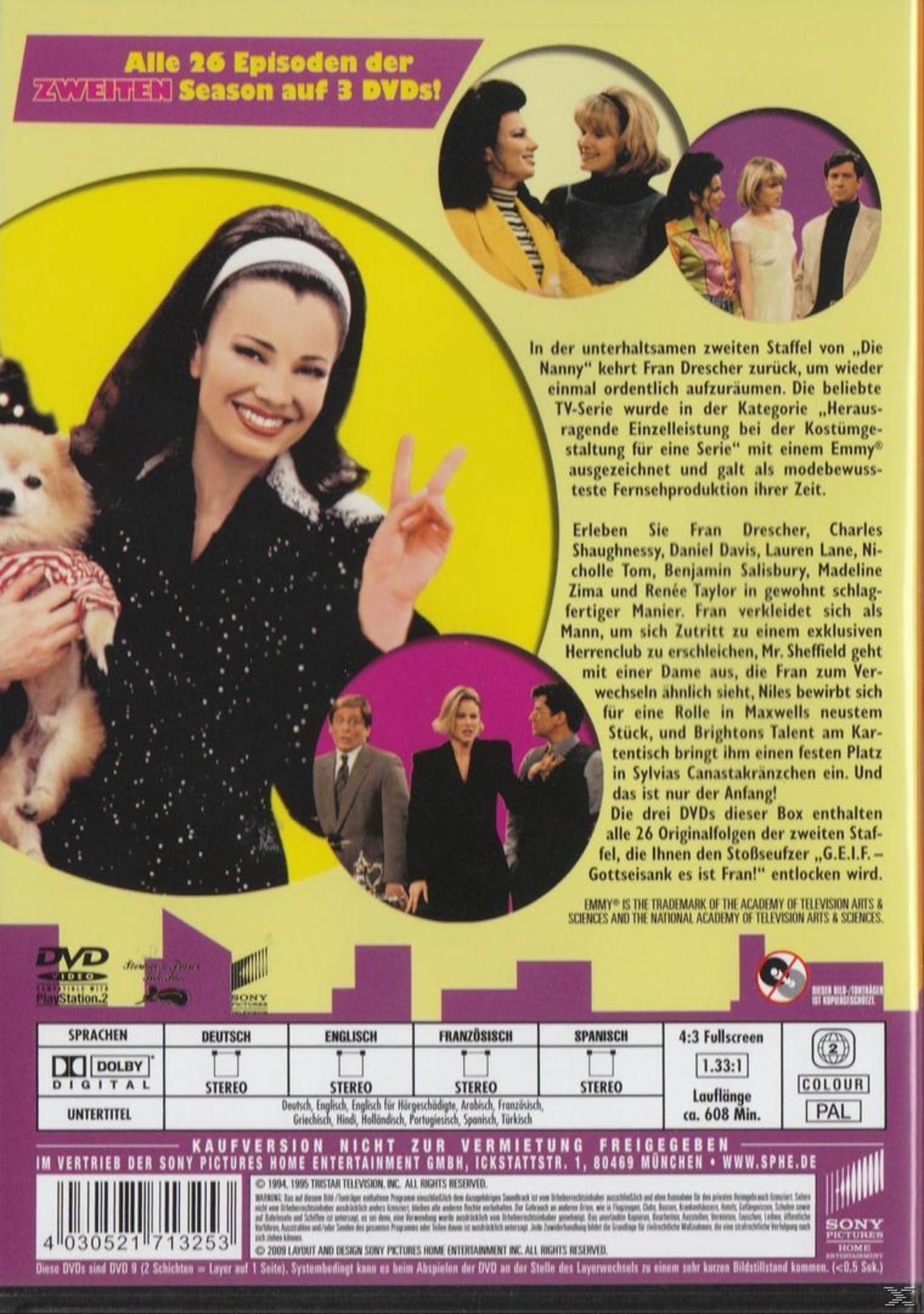 DVD-Cover der Nanny Staffel 2 mit Fran Drescher, einem Hund und Szenenbildern.
