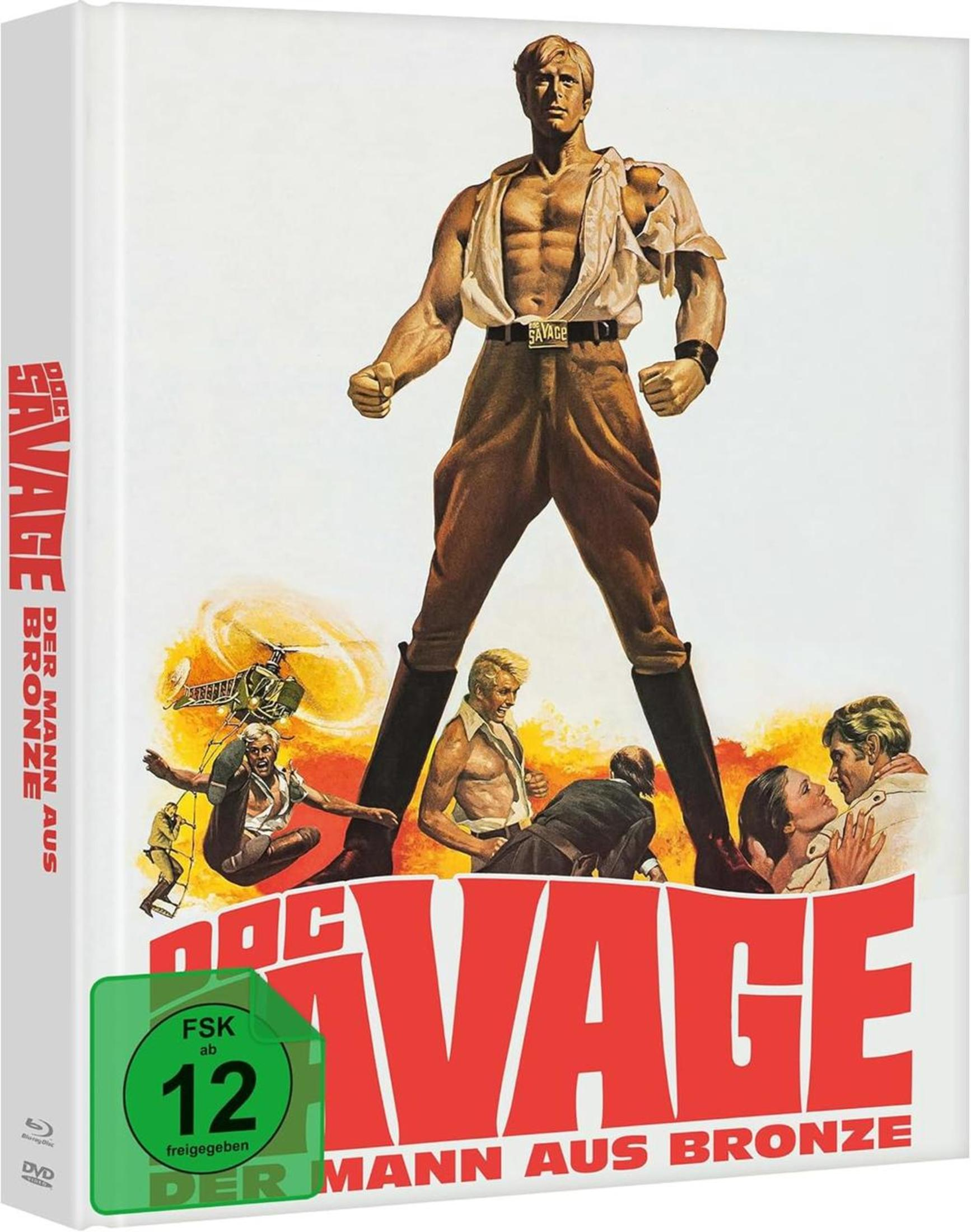 Poster del film con uomo muscoloso, elicottero e persone minacciate. "Doc Savage".