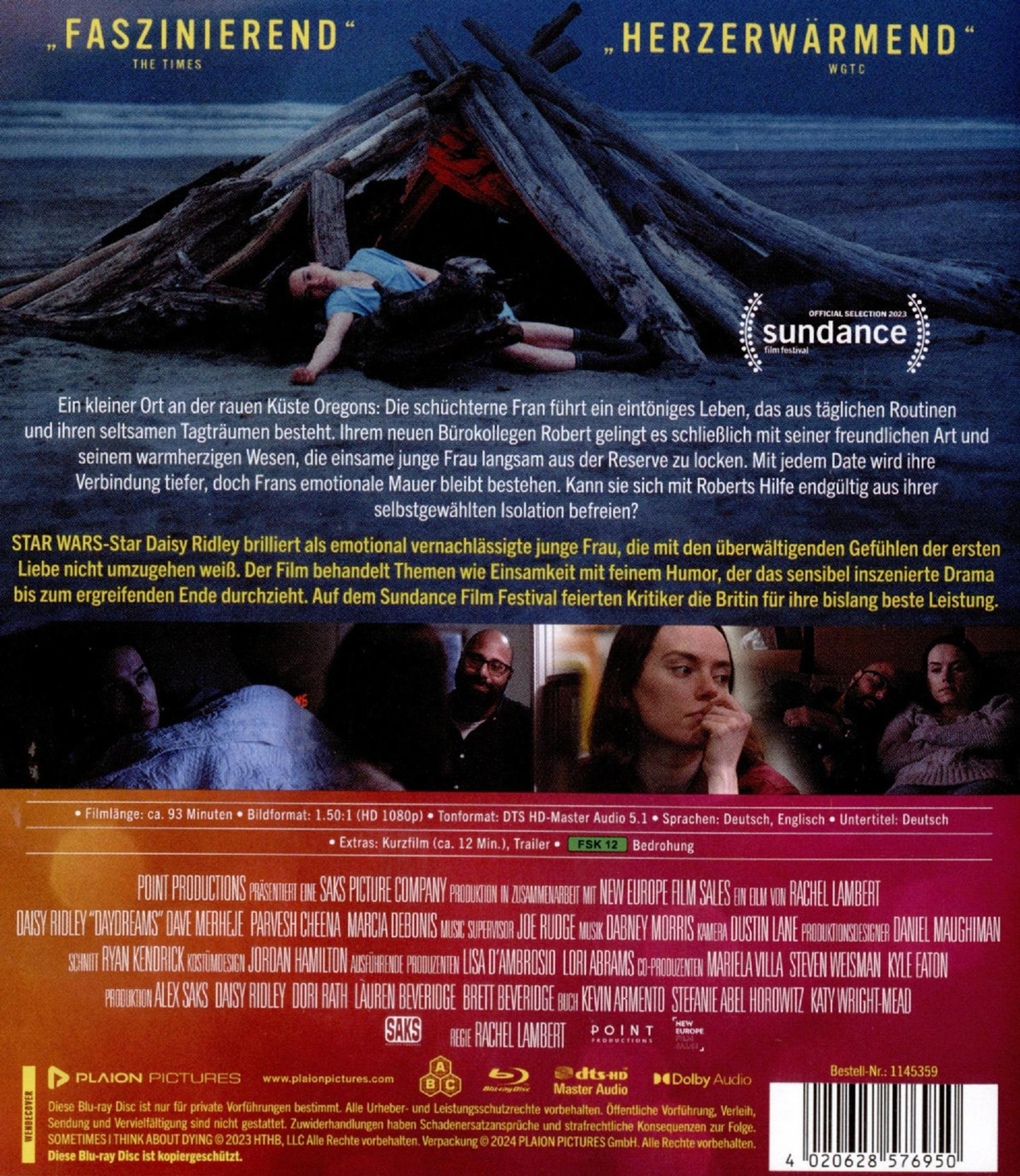 Una donna giace su un tronco sulla spiaggia. Poster del film con testo.