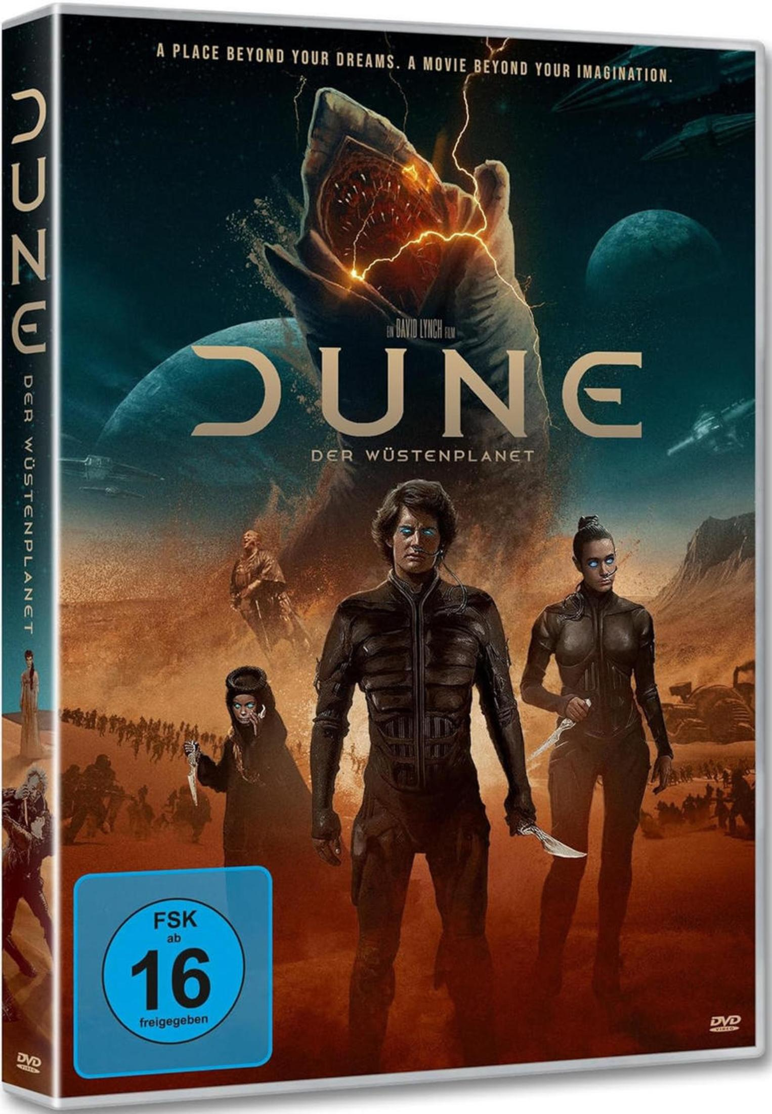 Copertina del film Dune: due personaggi principali in un paesaggio desertico, un verme delle sabbie.