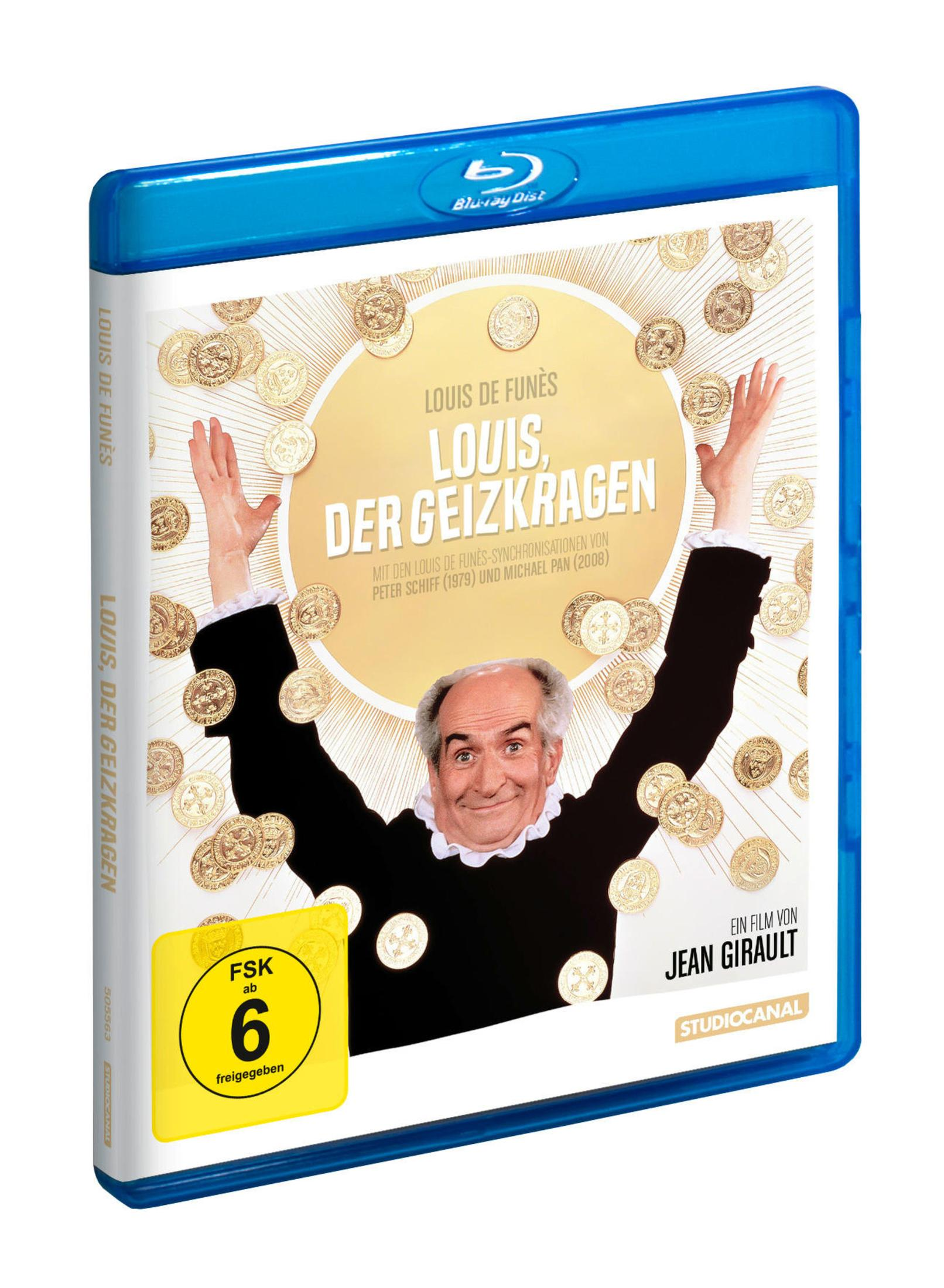 Custodia Blu-ray di "L'avaro", con Louis de Funès davanti a monete d'oro.