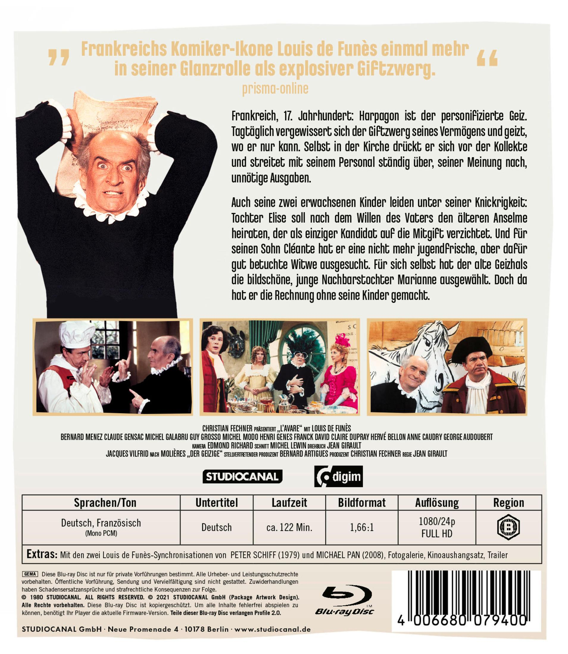 Louis de Funès nei panni dell'avaro Arpagone, fronte e nel film. Dettagli.