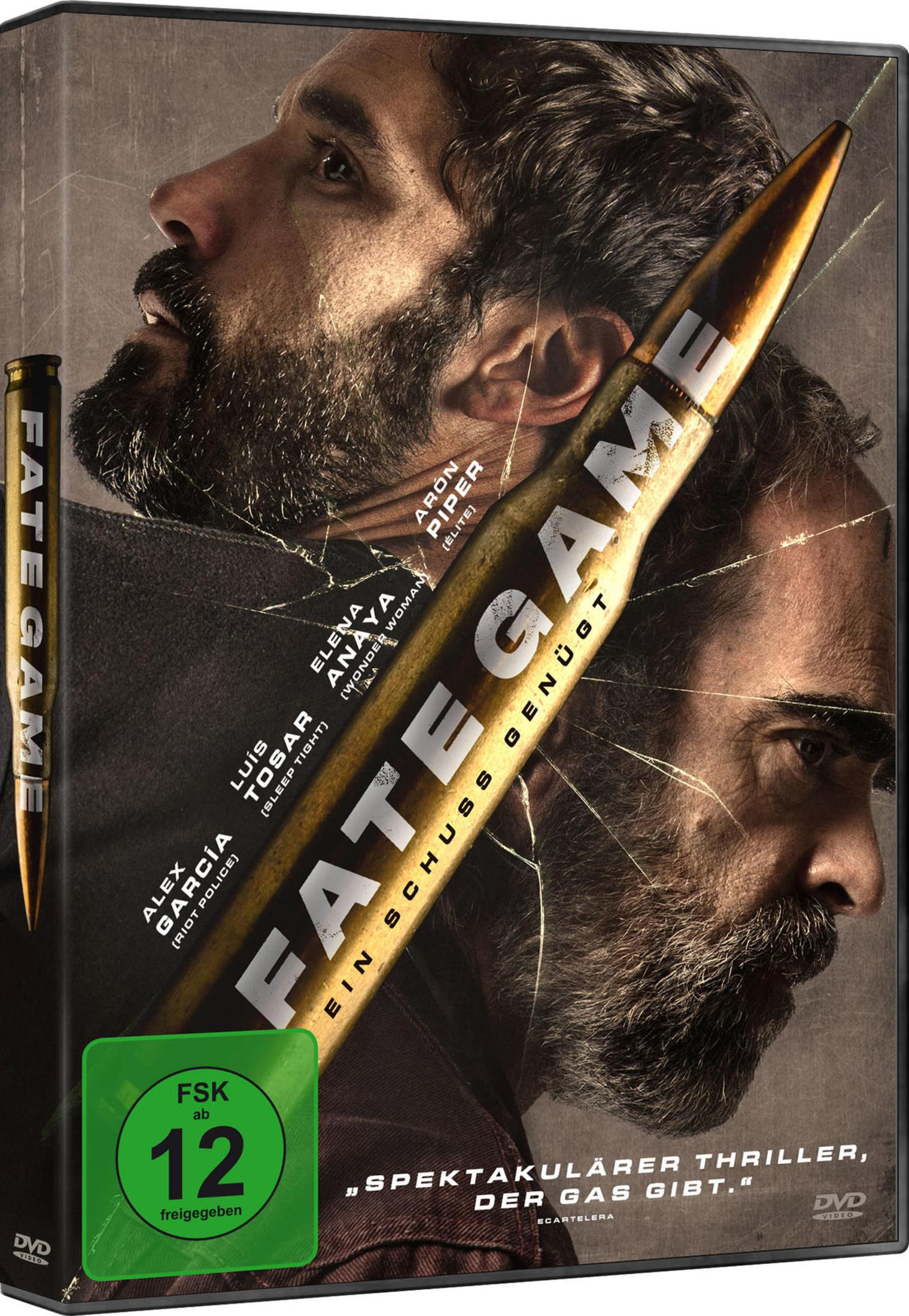 Copertina DVD: Due volti maschili, un proiettile in primo piano, titolo "Fate Game".