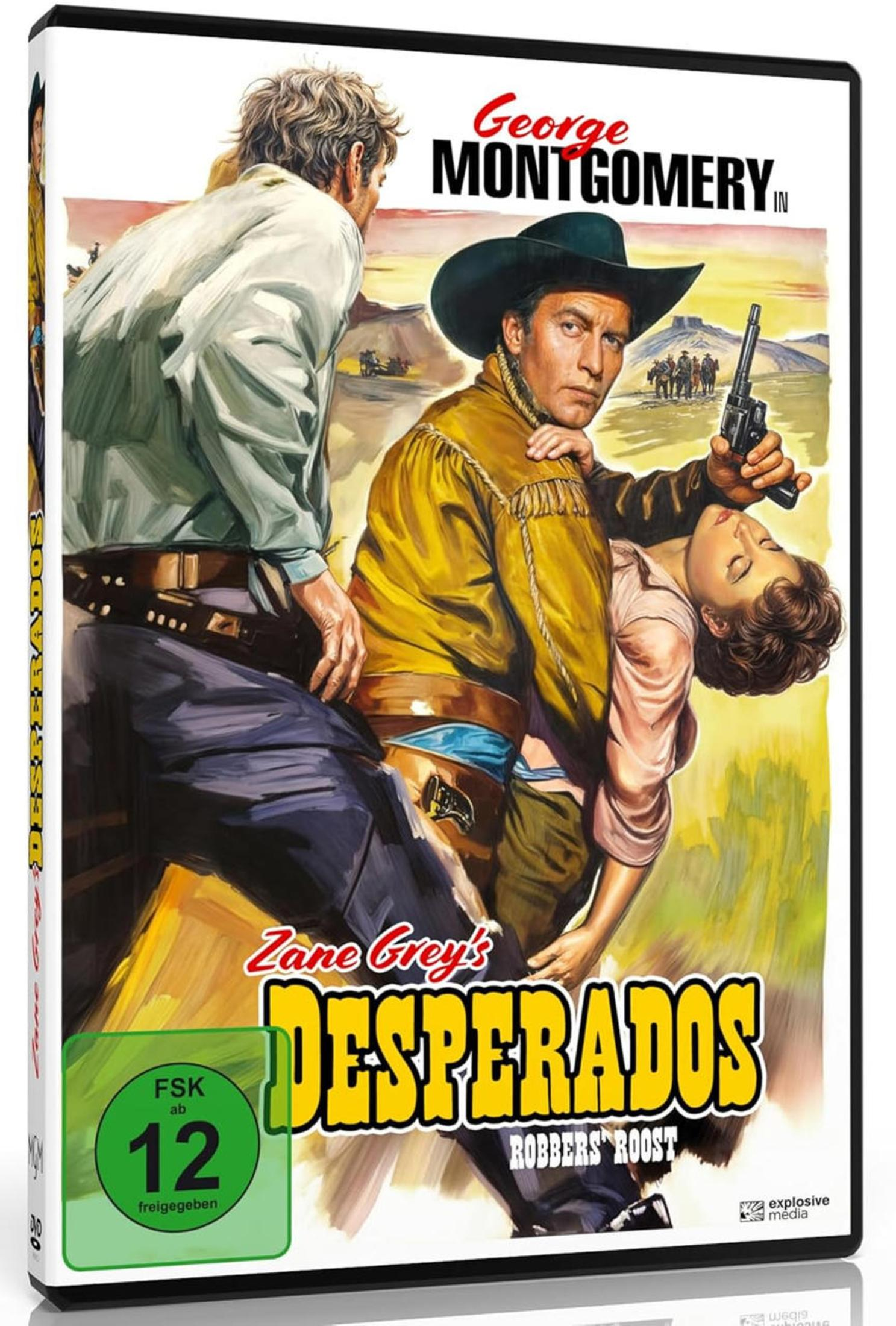 Copertina film western: Uomo con pistola tiene donna, altri uomini sullo sfondo.