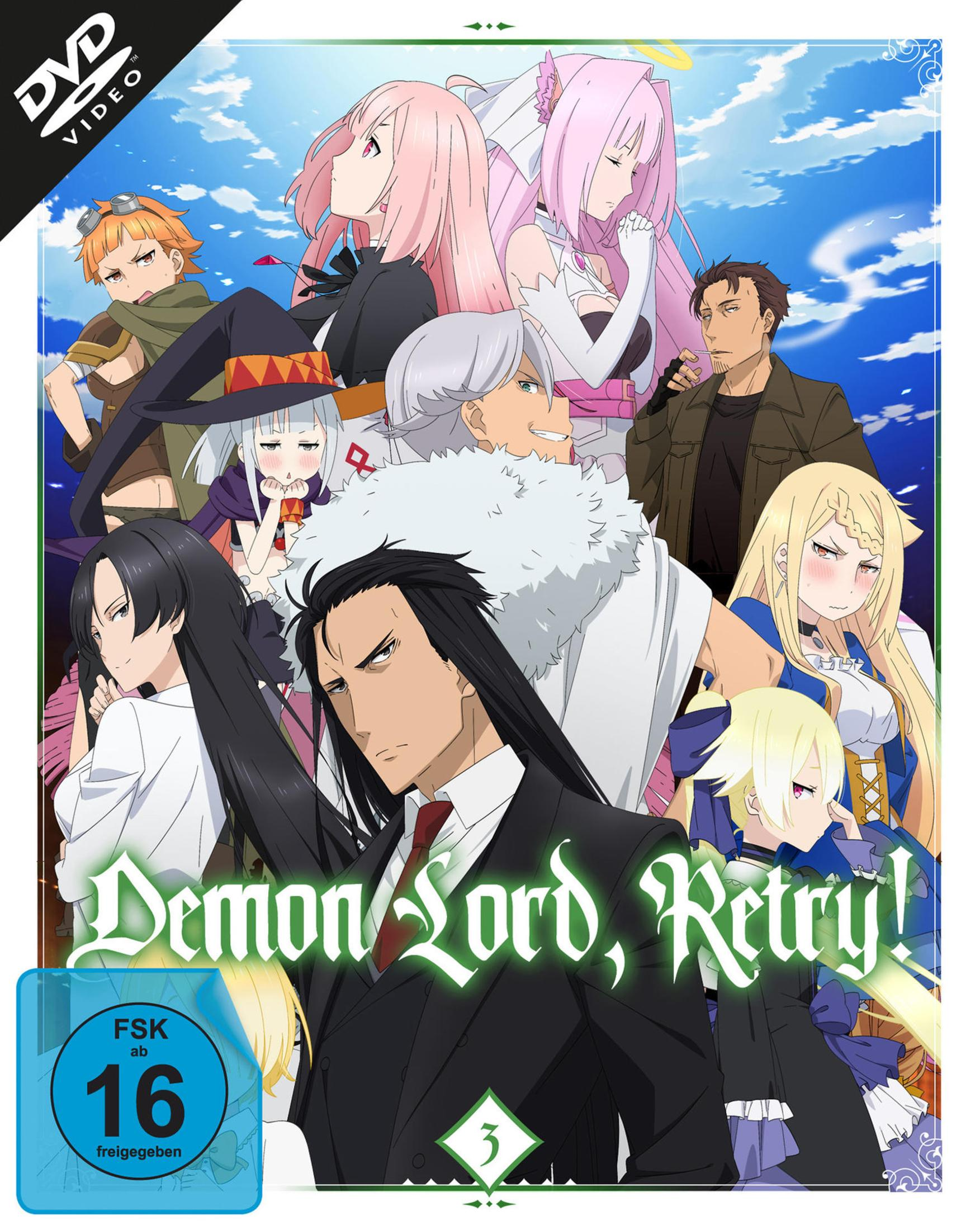 Anime-Poster mit vielen Charakteren unter blauem Himmel, Titel 'Demon Lord, Retry!'.