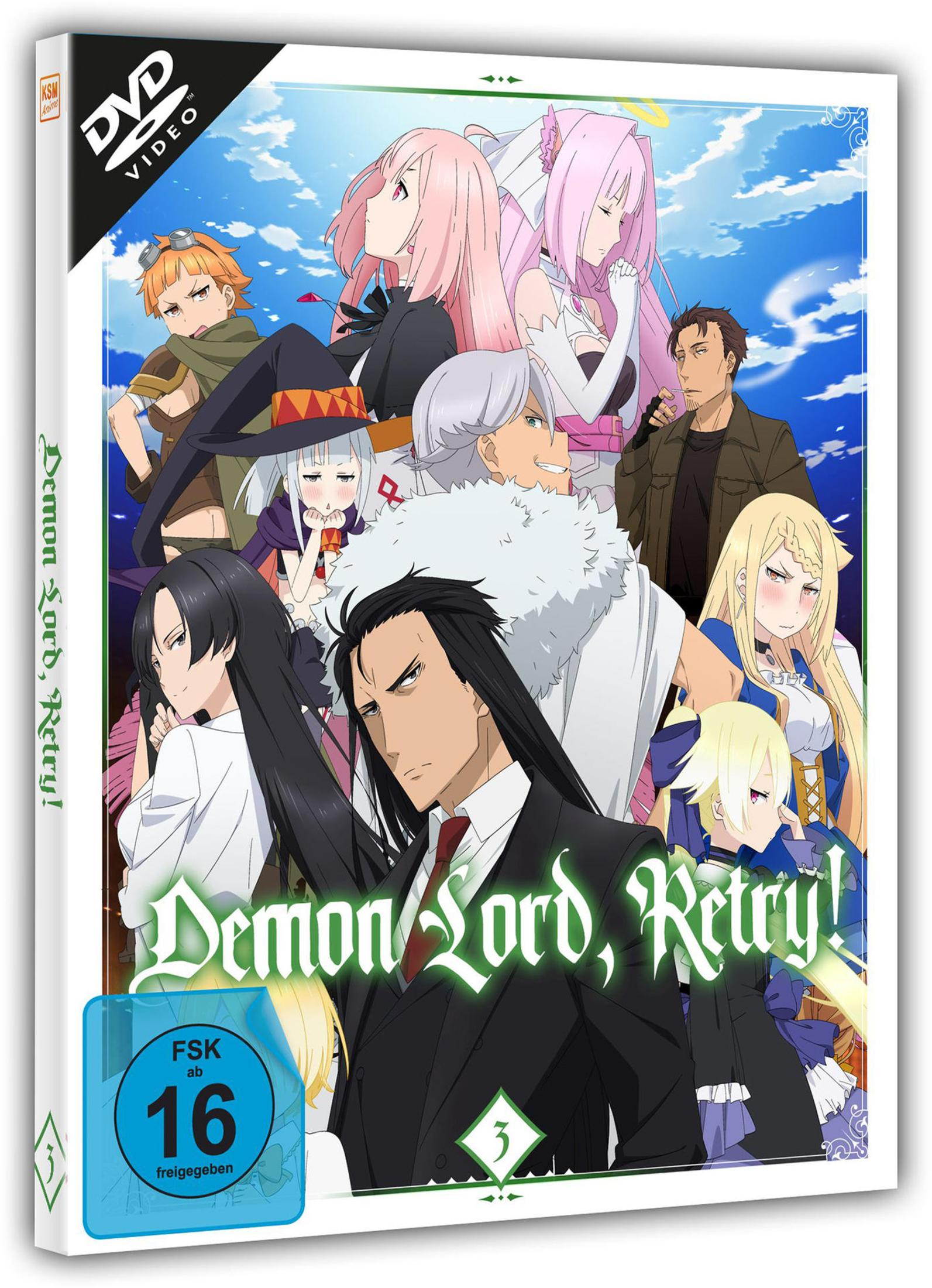 Anime-DVD-Cover mit 9 Charakteren vor blauem Himmel und dem Titel 'Demon Lord, Retry!'