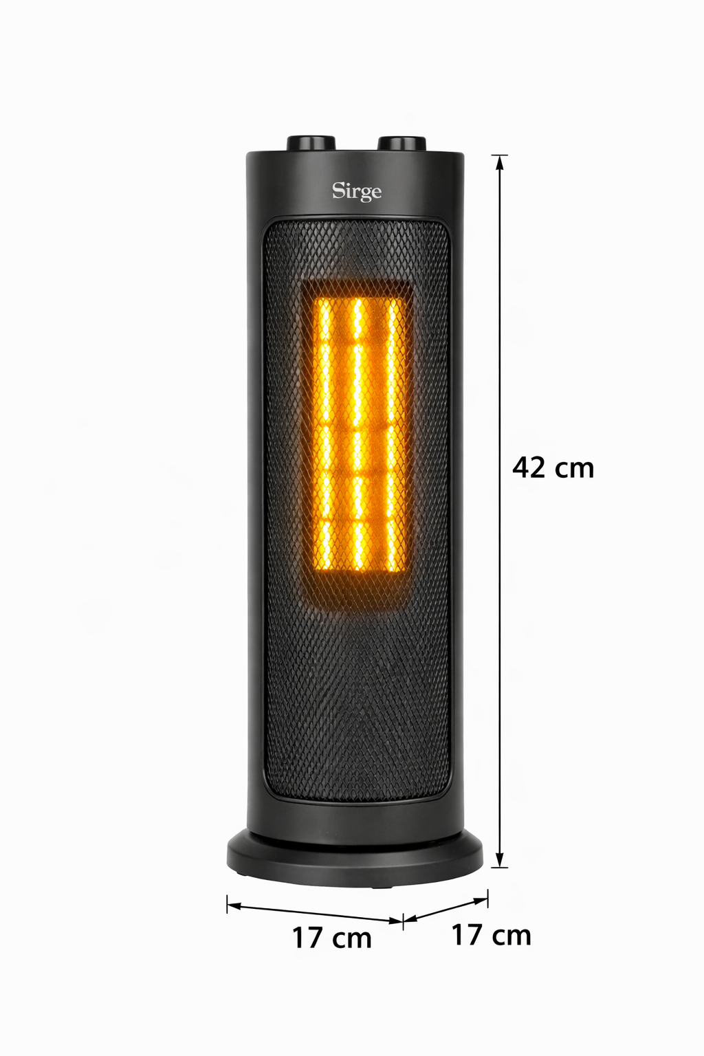 Una stufa a torre nera con elementi arancioni luminosi e dimensioni.
