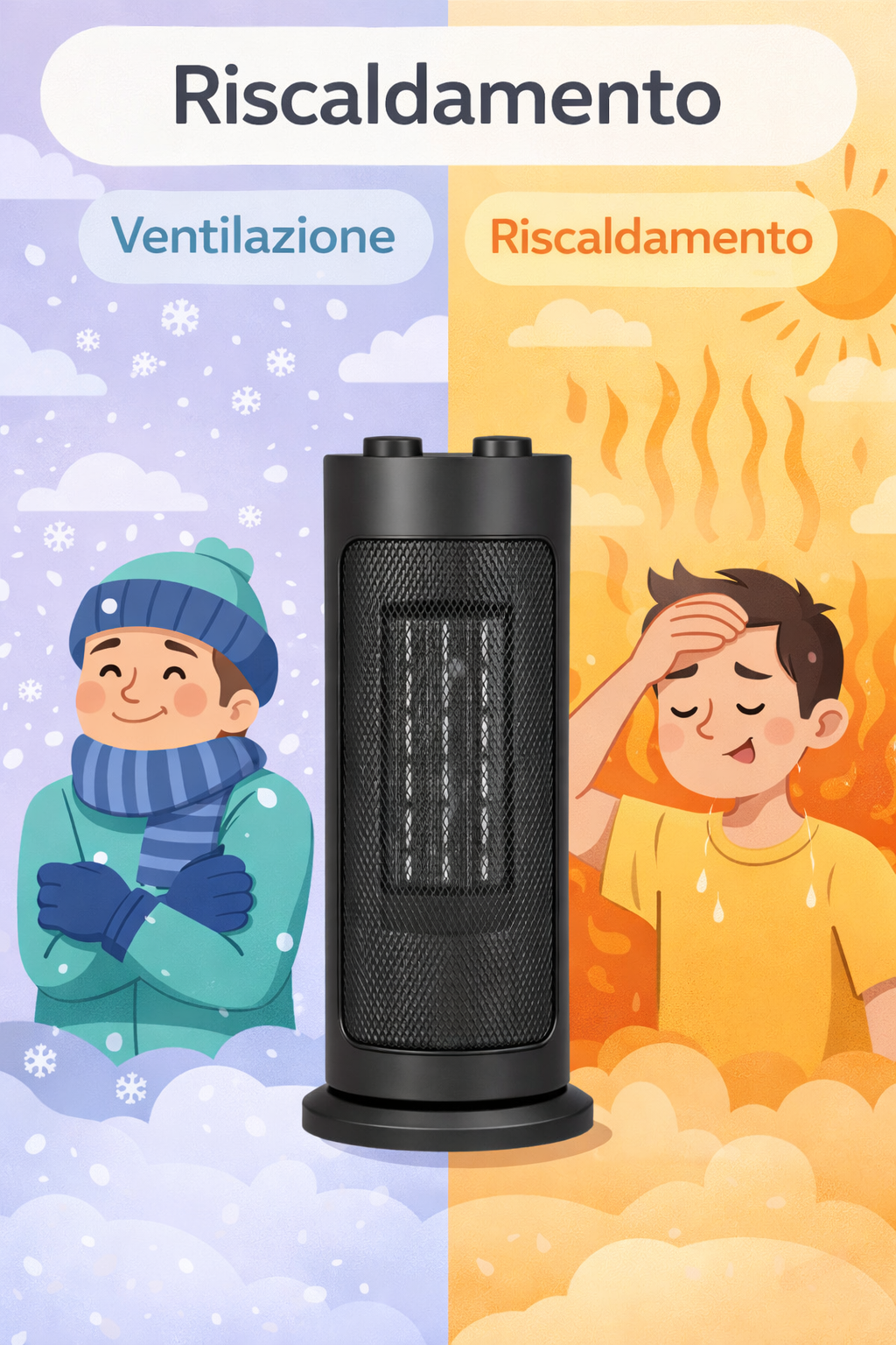 Un termoventilatore nero divide l'immagine in freddo e caldo. Sinistra, un ragazzo nella neve; destra, uno che suda.