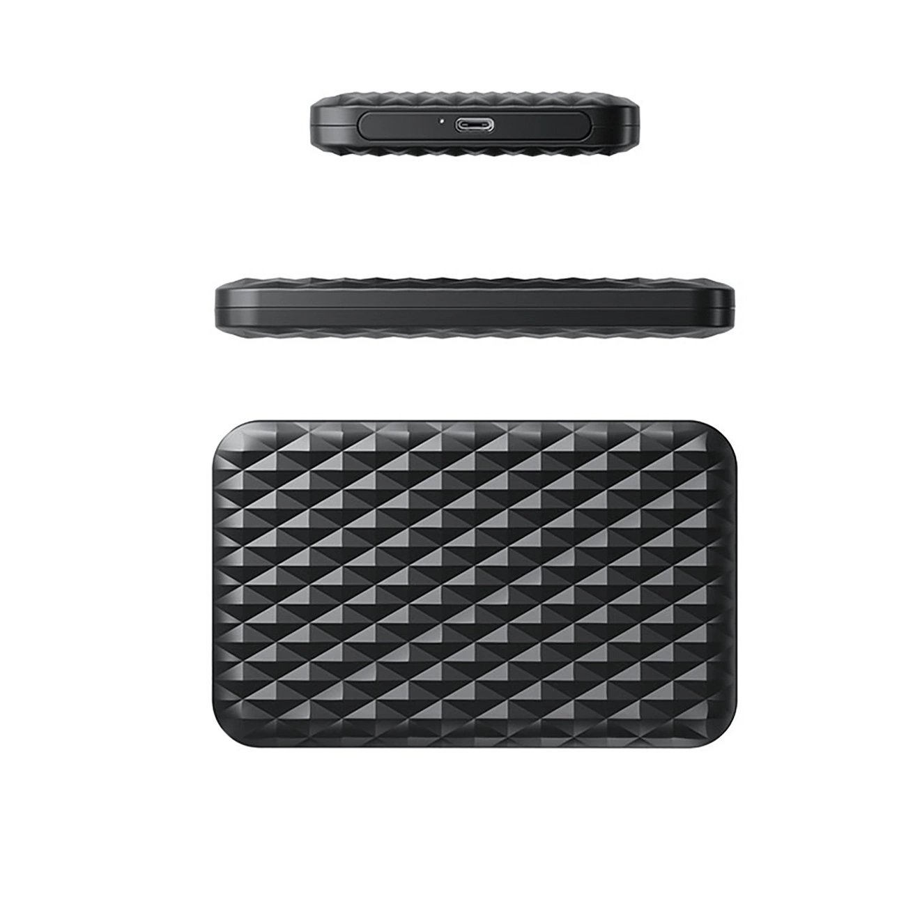 Trzy widoki czarnej obudowy dysku twardego z teksturą diamentową.