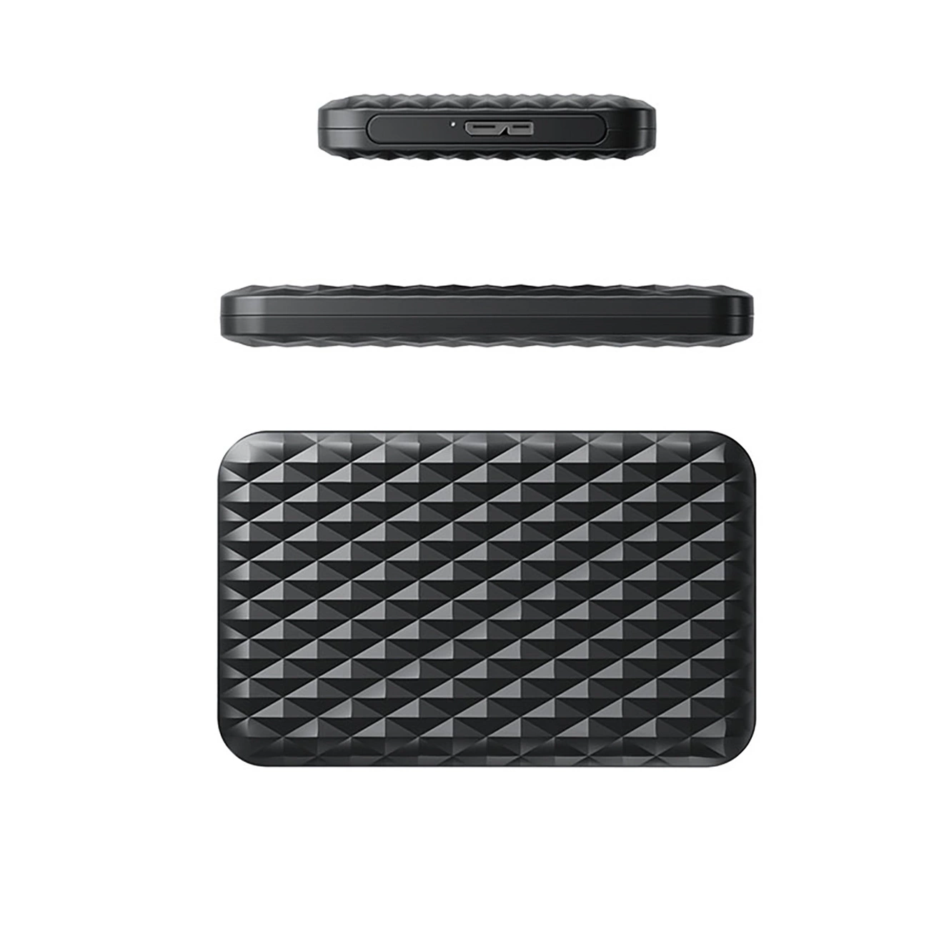 Czarny dysk zewnętrzny z diamentowym wzorem, widok z góry i z boku.