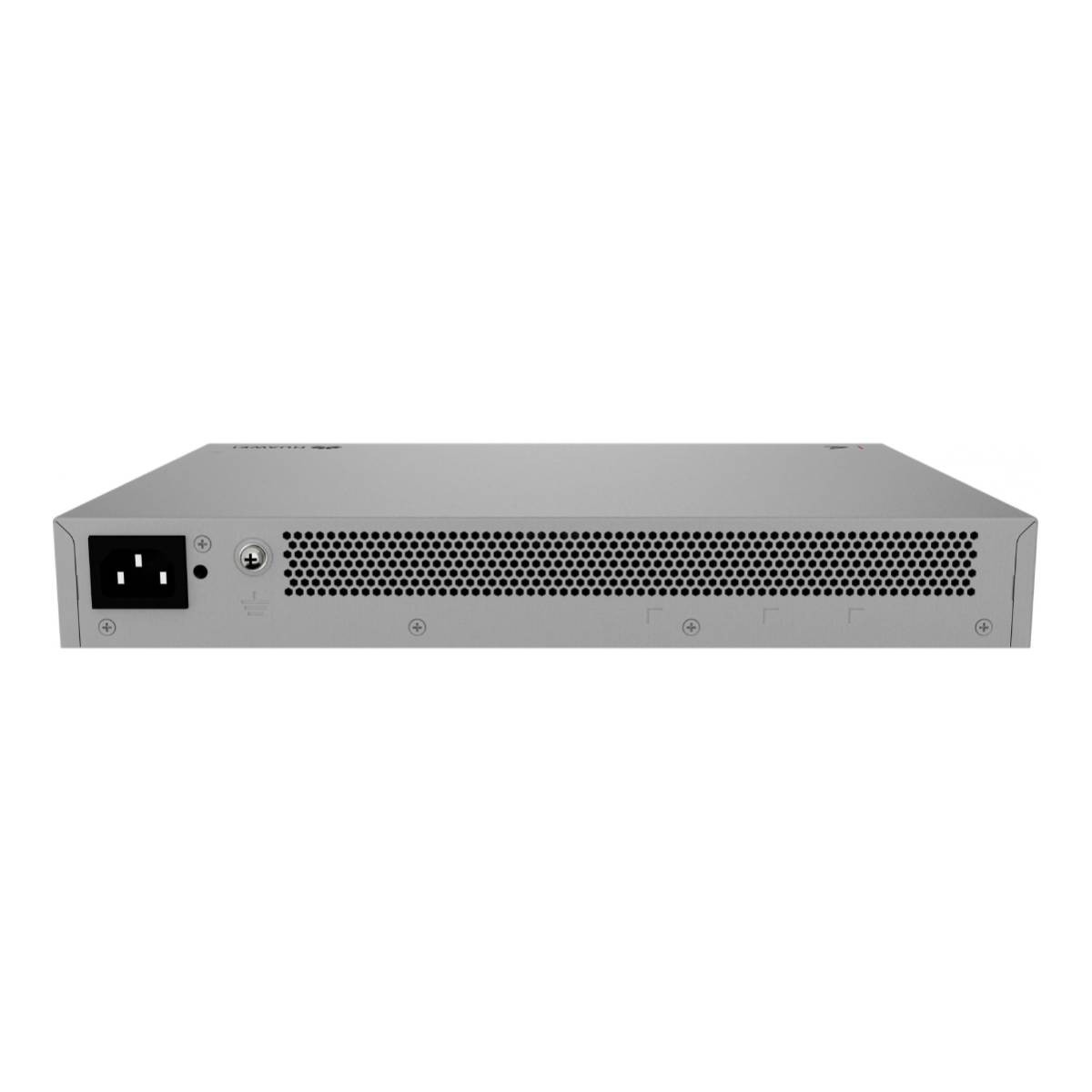 Grauer Netzwerk-Switch mit Netzanschluss und Lüftungsschlitzen.