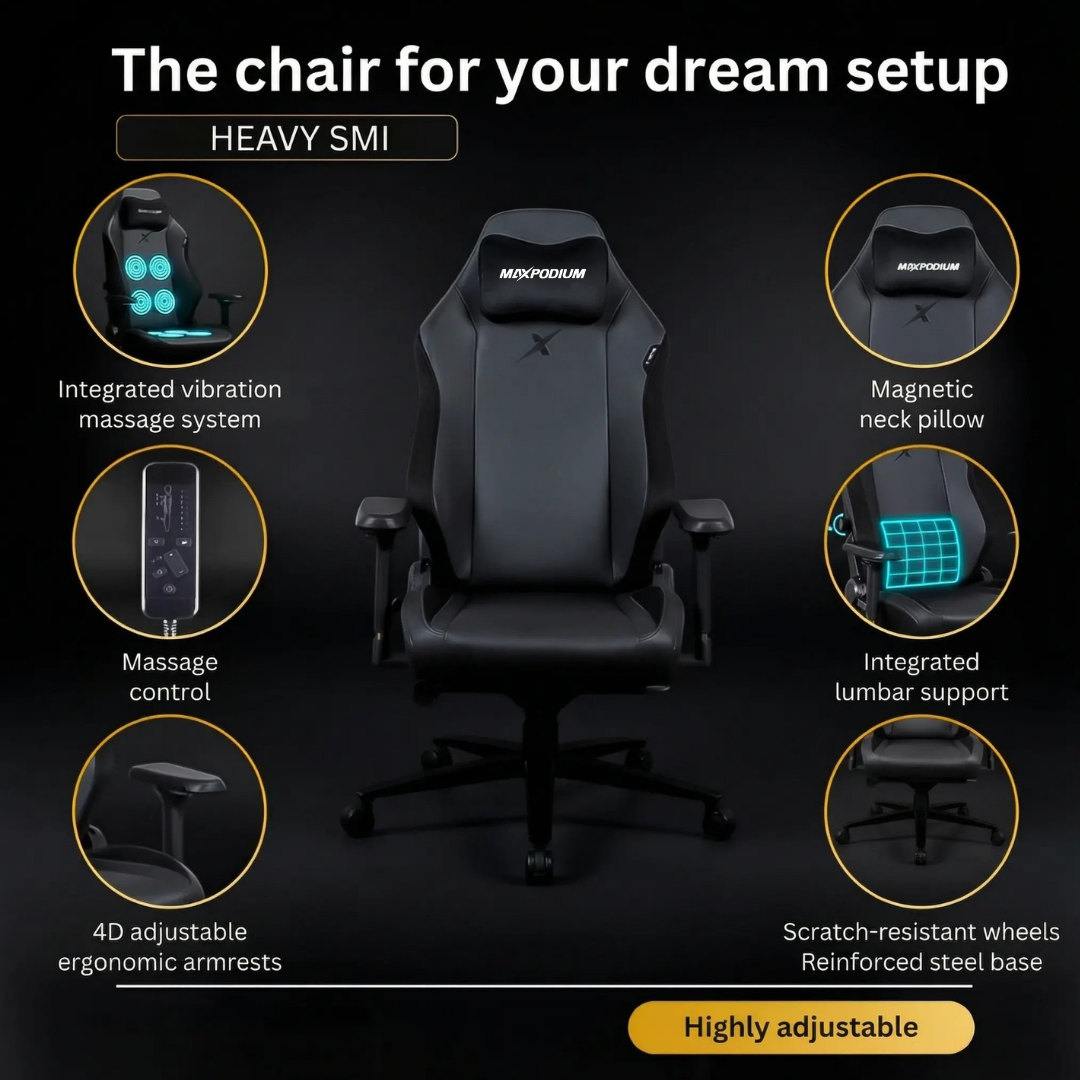 gaming stuhl mit vibration MAXPODIUM Heavy SMI Ergonomischer Black Gaming Stuhl
