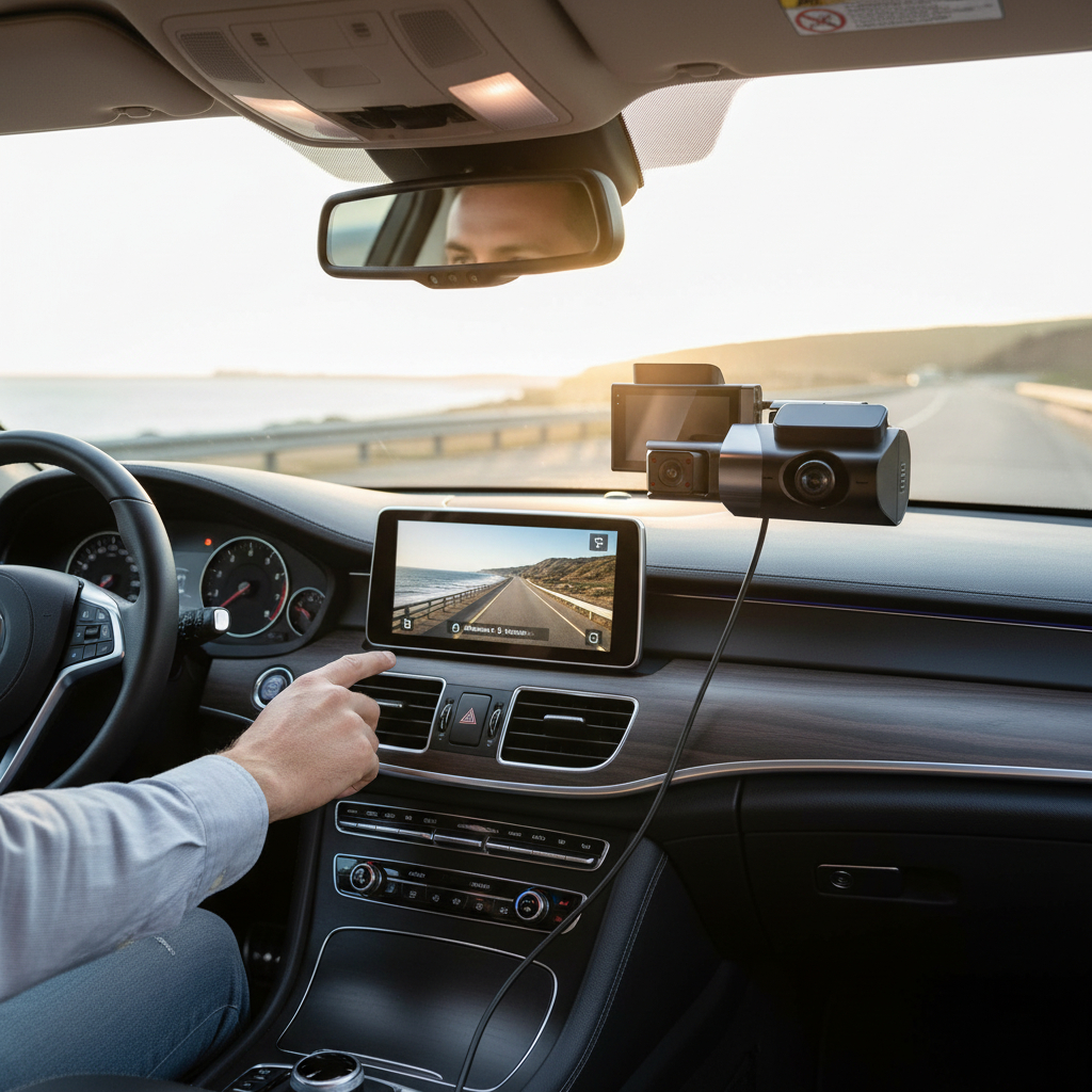 Conductor toca pantalla de infoentretenimiento en coche; cámaras montadas.