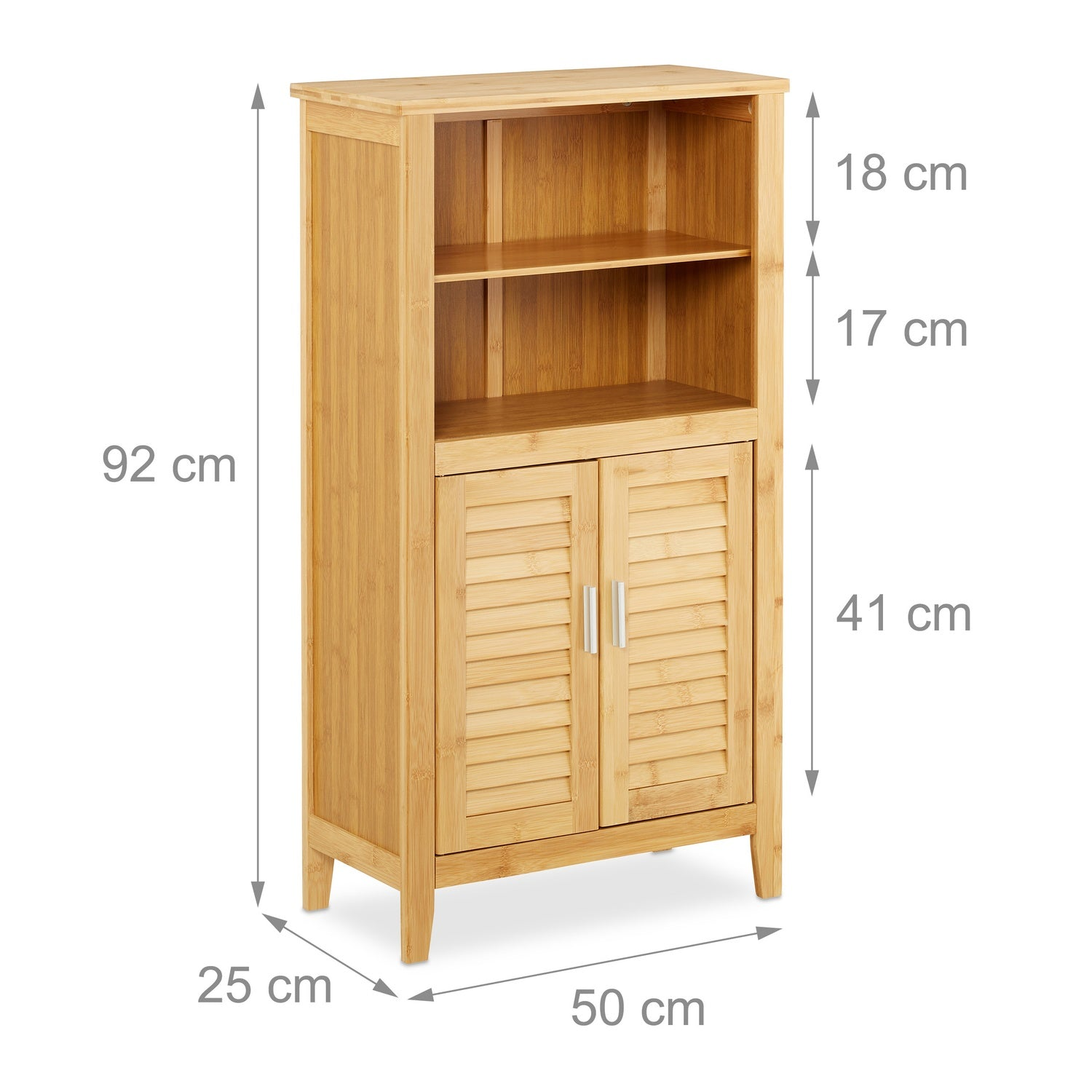 Armario de madera con dos puertas abajo y dos estantes abiertos arriba. Se muestran dimensiones.