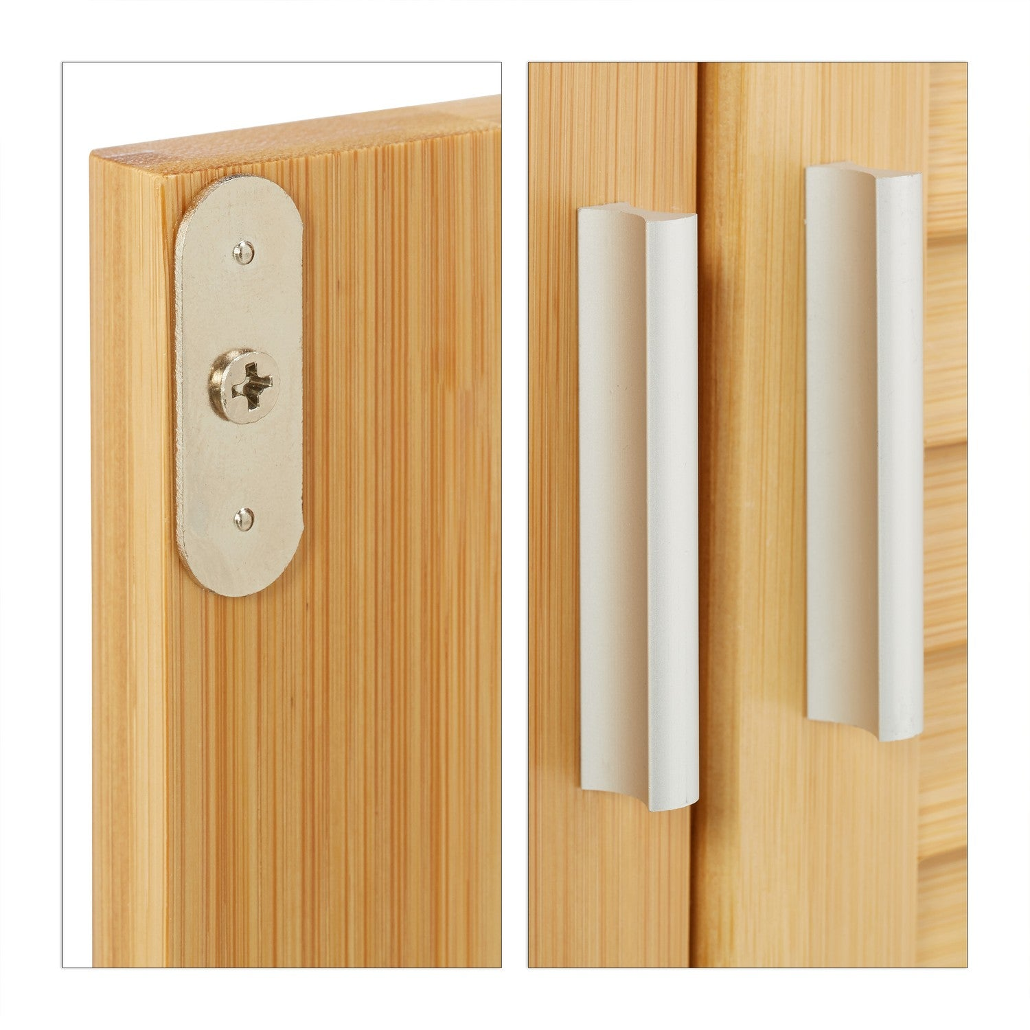 Primer plano de dos superficies de madera, una con soporte y tornillo, otra con tiradores.