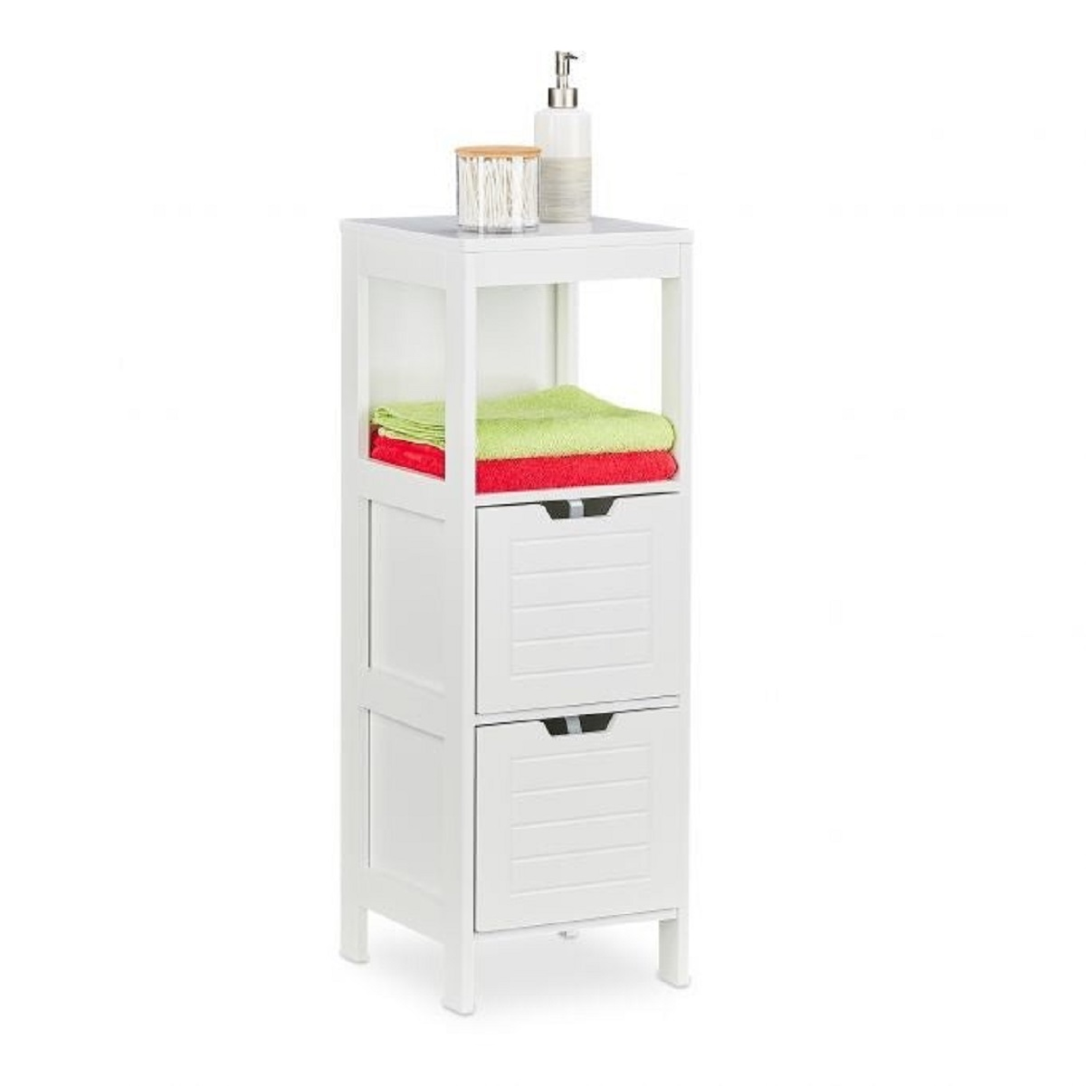 Un mueble de baño blanco, alto y estrecho con dos cajones y un estante abierto.