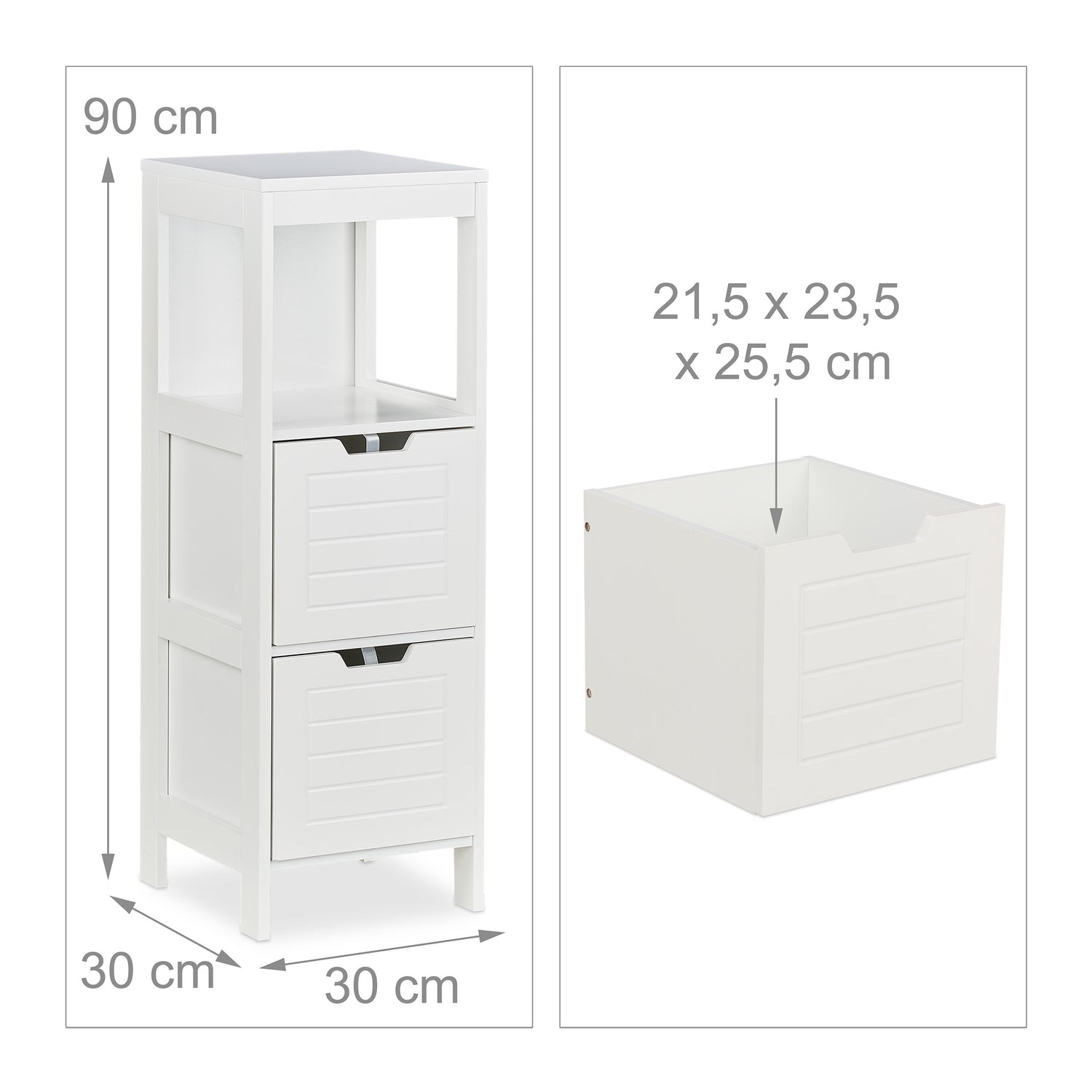 Unidad de almacenamiento blanca con dos cajones y un estante abierto. Dimensiones: 90x30x30 cm.