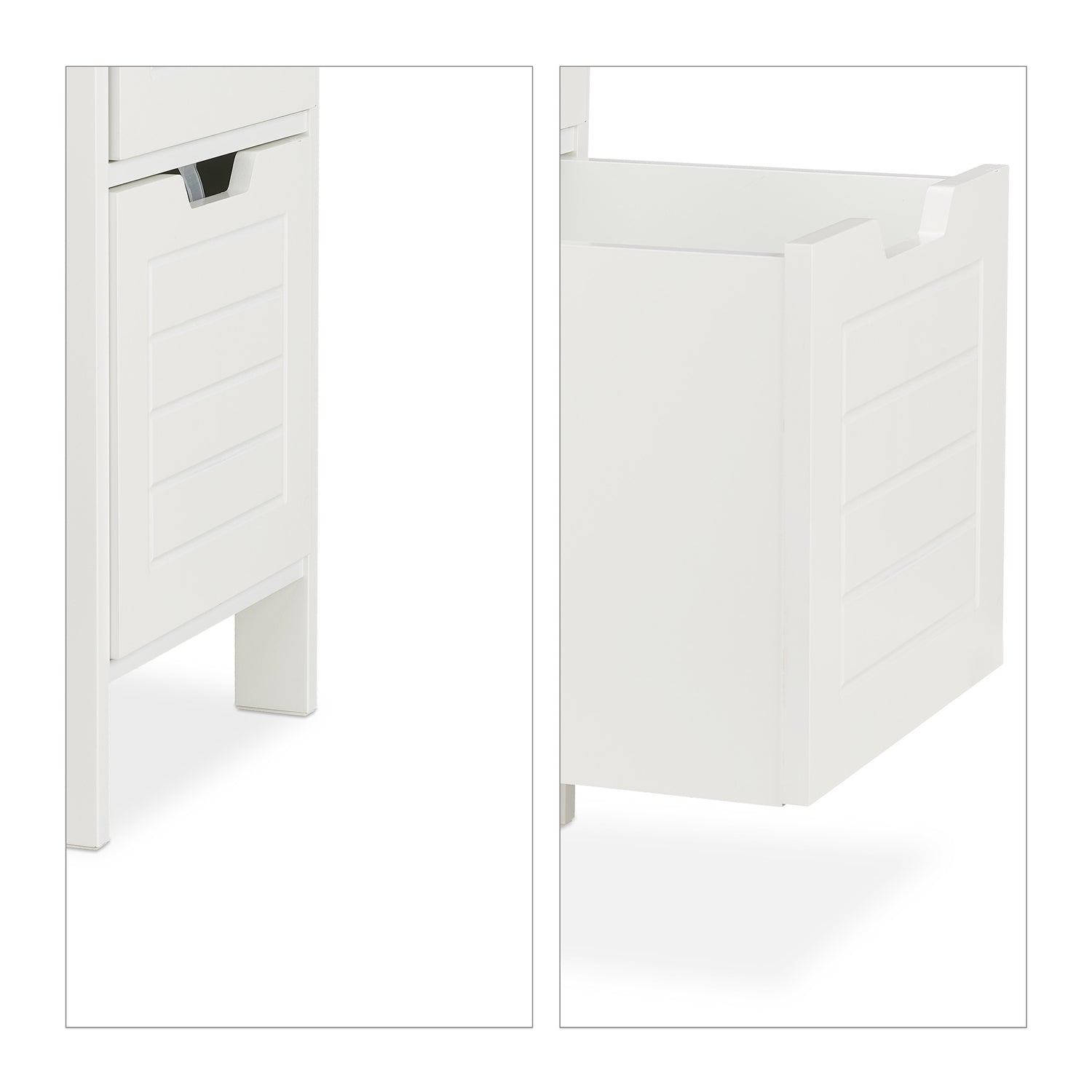 Un mueble blanco de madera con frente de lamas y tirador plateado.
