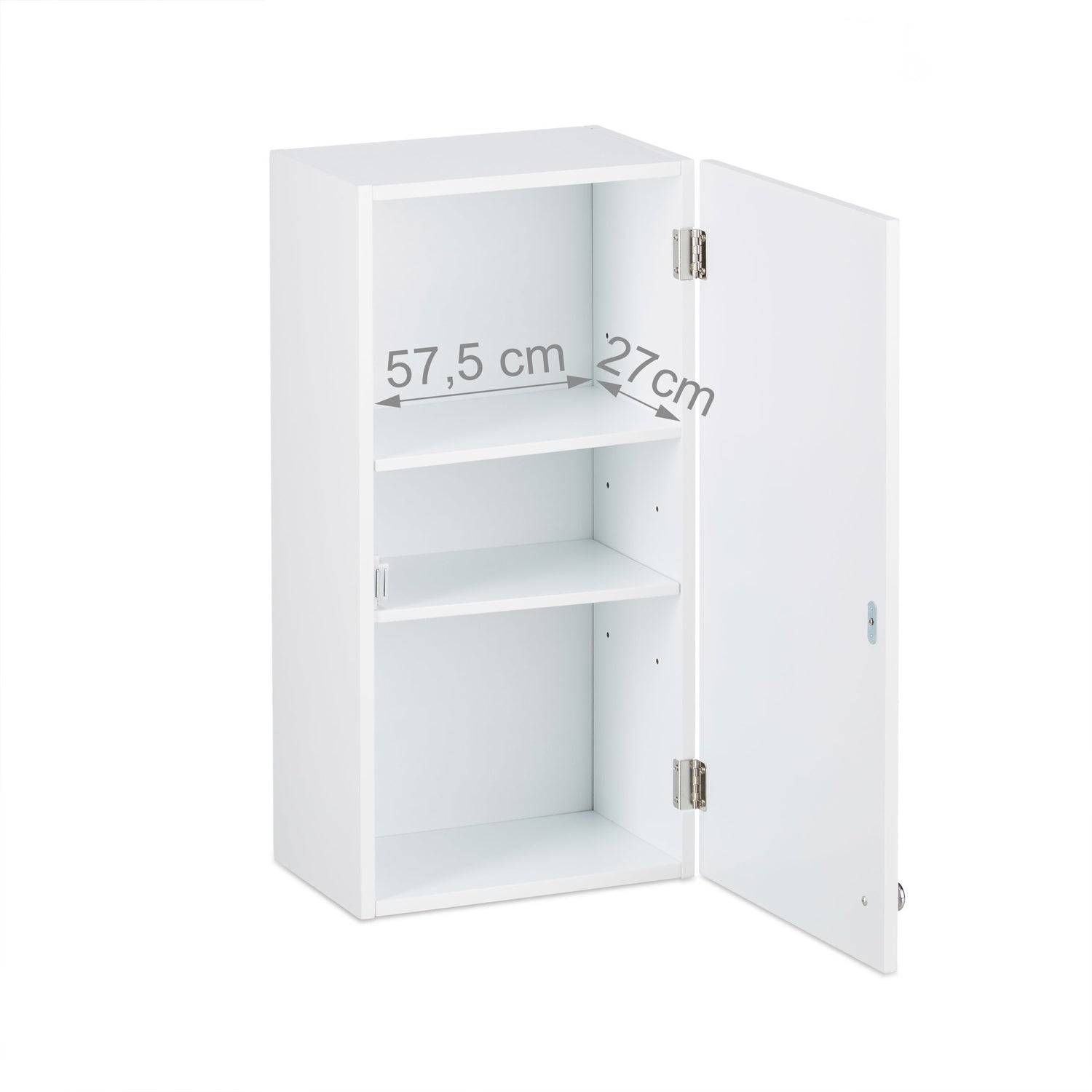 Un armario de pared blanco abierto con dos estantes y dimensiones.