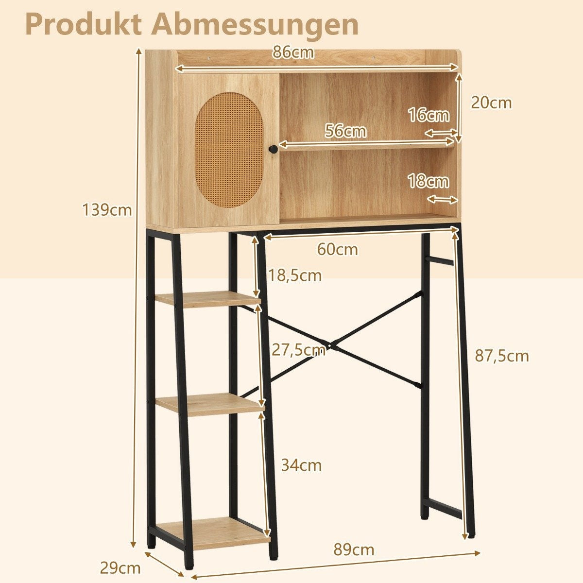 Mueble de madera con patas de metal negro, se muestran las medidas.