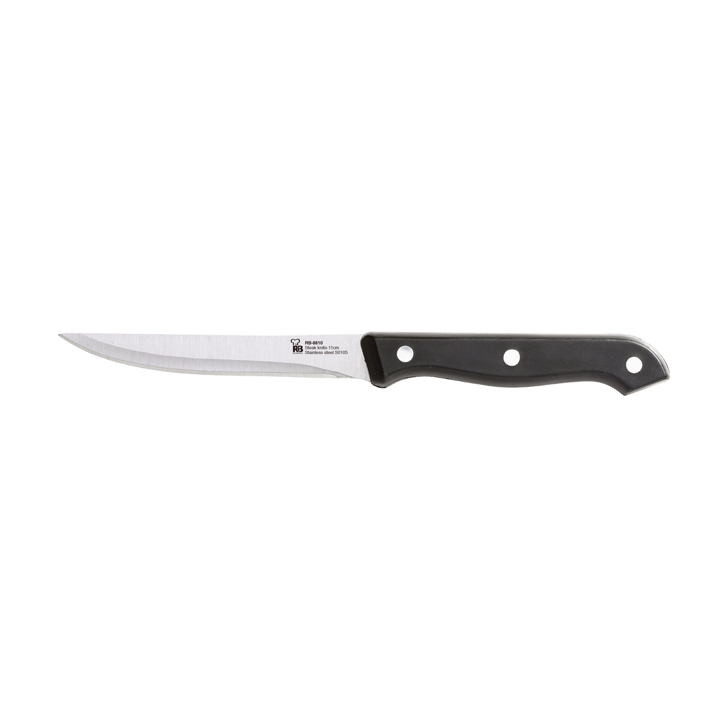 Un cuchillo de cocina afilado con mango negro y hoja de metal pulido.