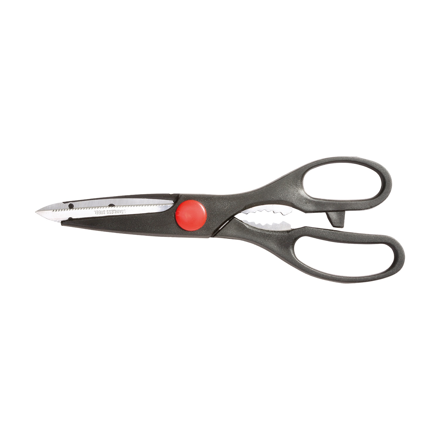 Tijeras de cocina negras con botón rojo y hojas dentadas de acero inoxidable.