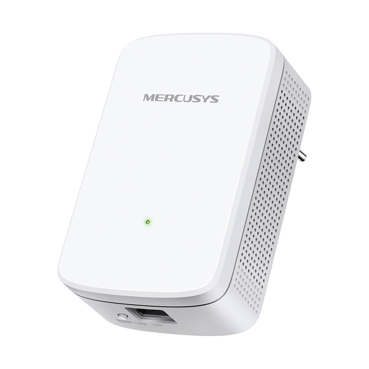 Ein weißer Mercusys WLAN-Extender mit grüner Kontrollleuchte und LAN-Anschluss.