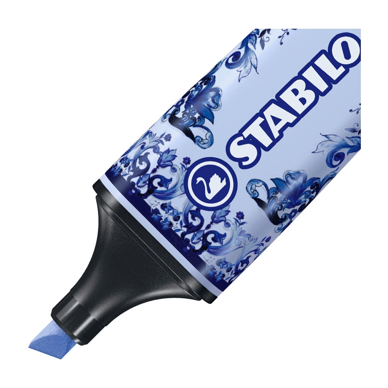 Evidenziatore Stabilo azzurro con motivo floreale blu e logo Stabilo.