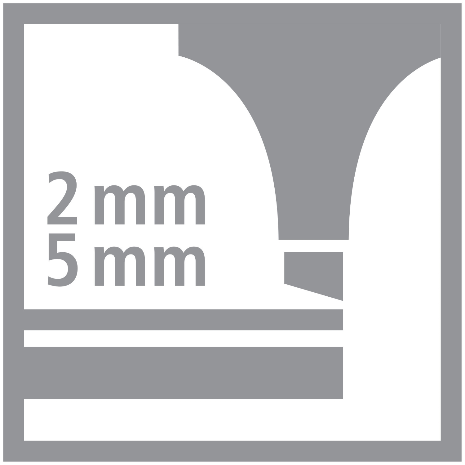 Grafica grigia con testo '2 mm' e '5 mm' e forme geometriche.