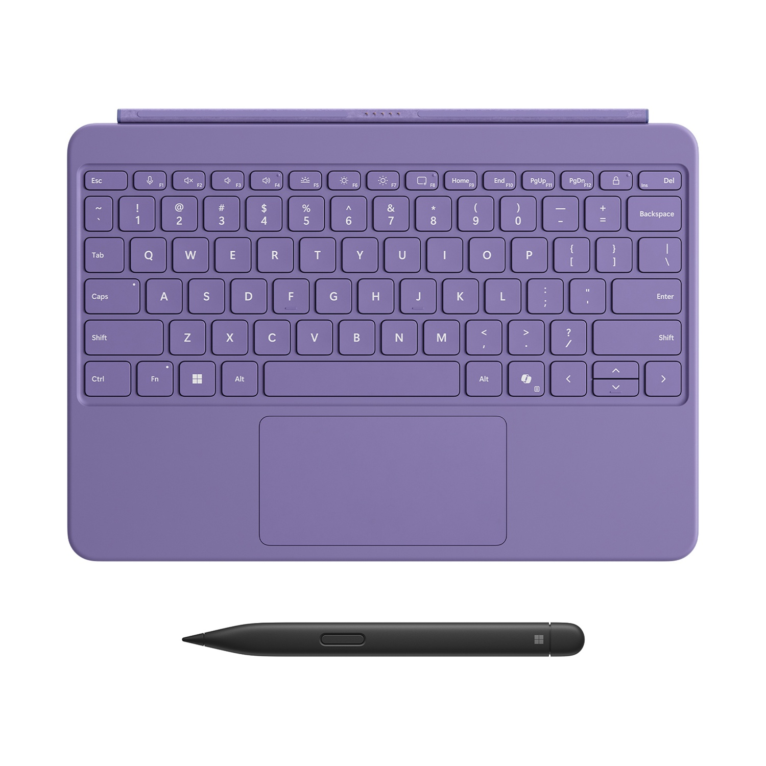 Un tablet viola con tastiera e penna, su sfondo bianco.
