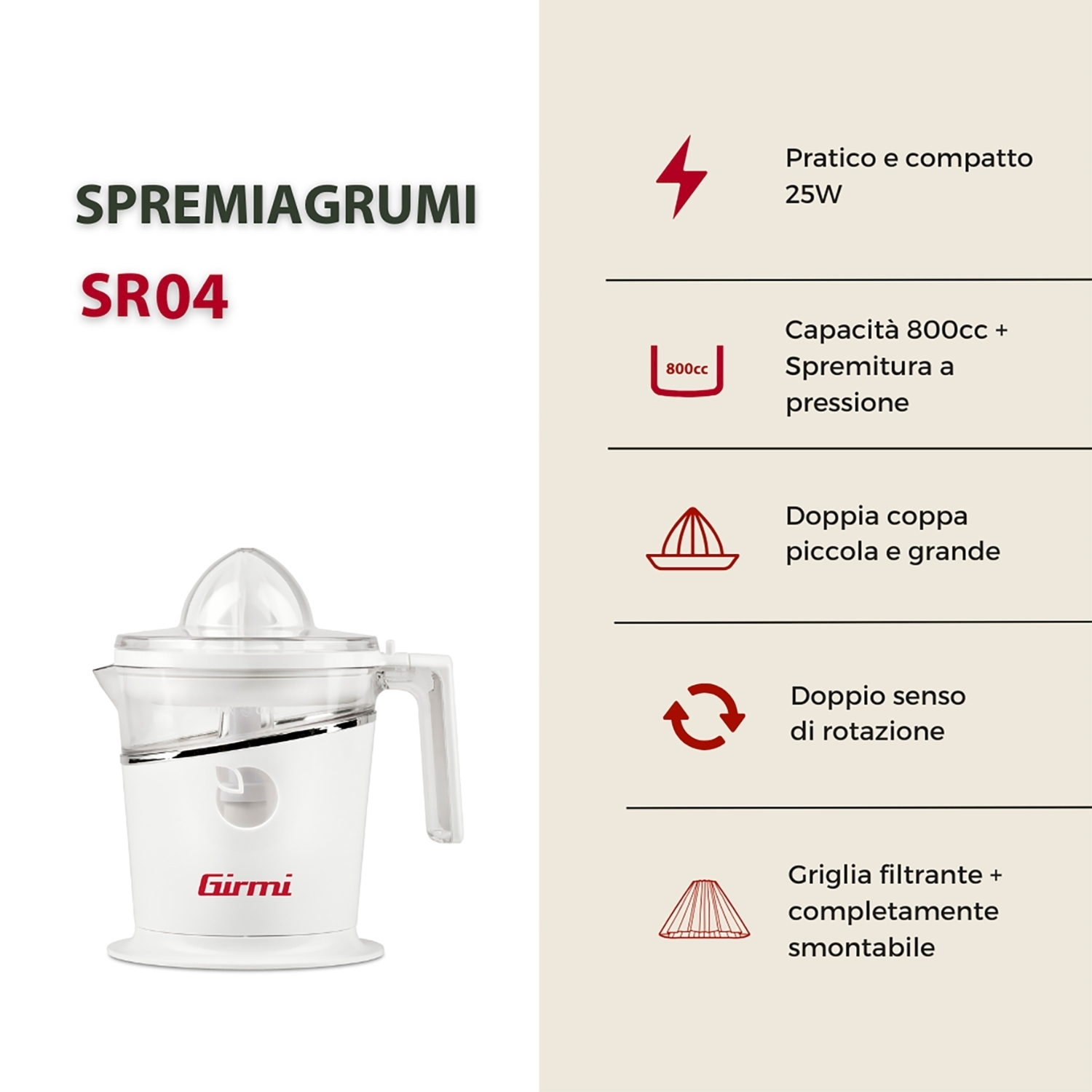 Un spremiagrumi bianco con logo Girmi. Testo: SPREMIAGRUMI SR04.