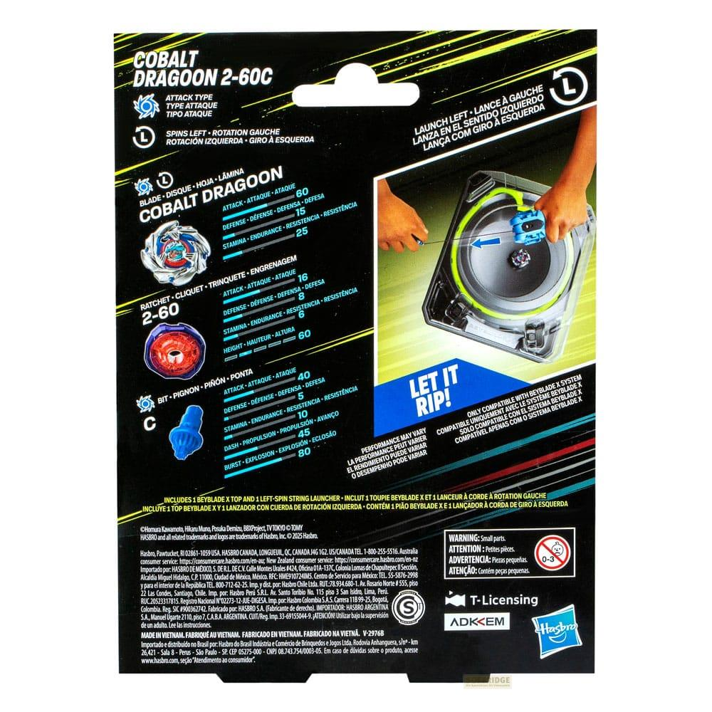 Confezione Beyblade con Cobalt Dragoon 2-60C, istruzioni e accessori.