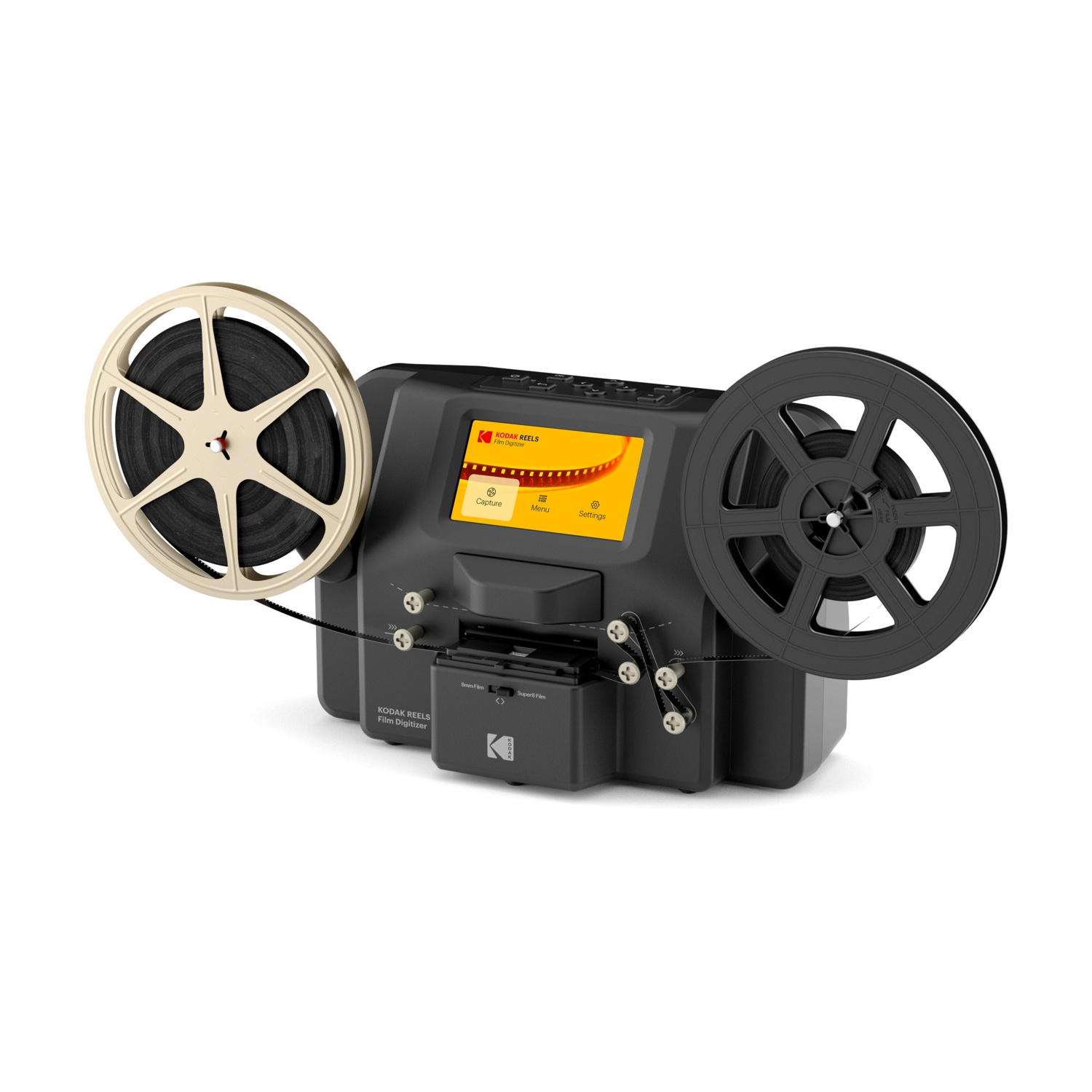 Un digitalizzatore Kodak per pellicole con due bobine, una beige chiaro, una nera.