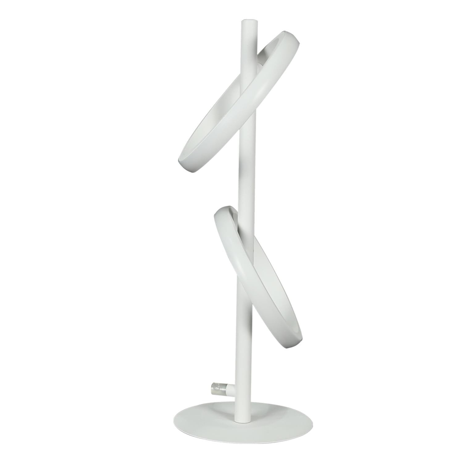 Un porta lampada bianco con due elementi circolari su una base rotonda.