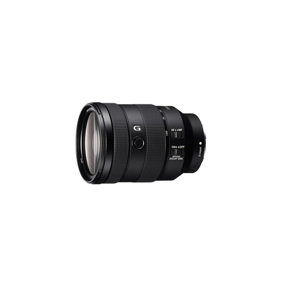 Black Sony G lens with zoom ring and control buttons.