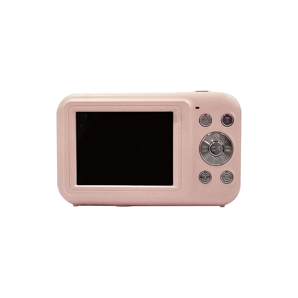 Een roze digitale camera met een zwart scherm en bedieningsknoppen aan de rechterkant.