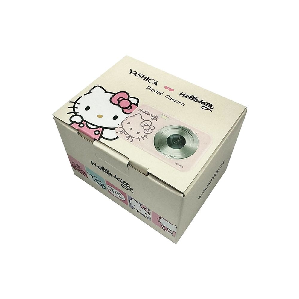 Yashica Hello Kitty digitale camera doos met Hello Kitty-afbeeldingen en een roze camera-illustratie.