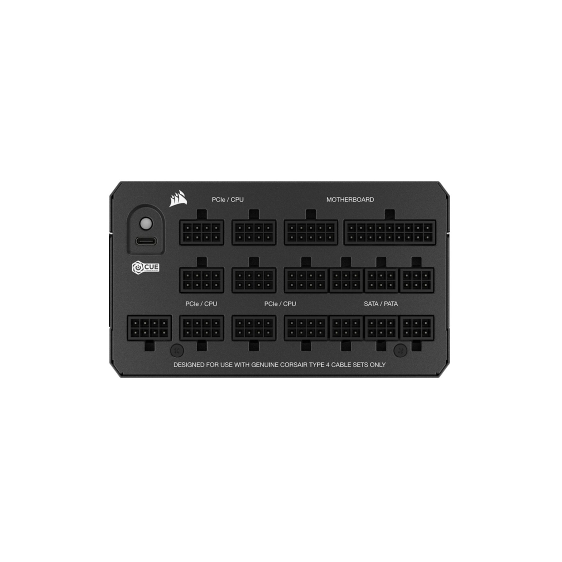 Czarny panel złączy zasilacza z portami PCIe/CPU, Motherboard i SATA/PATA.