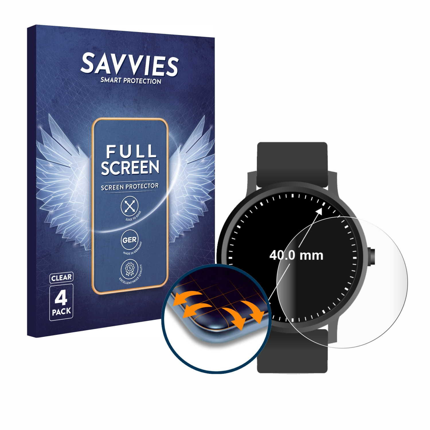 Savvies-Verpackung und eine 40-mm-Smartwatch mit Displayschutzfolie.