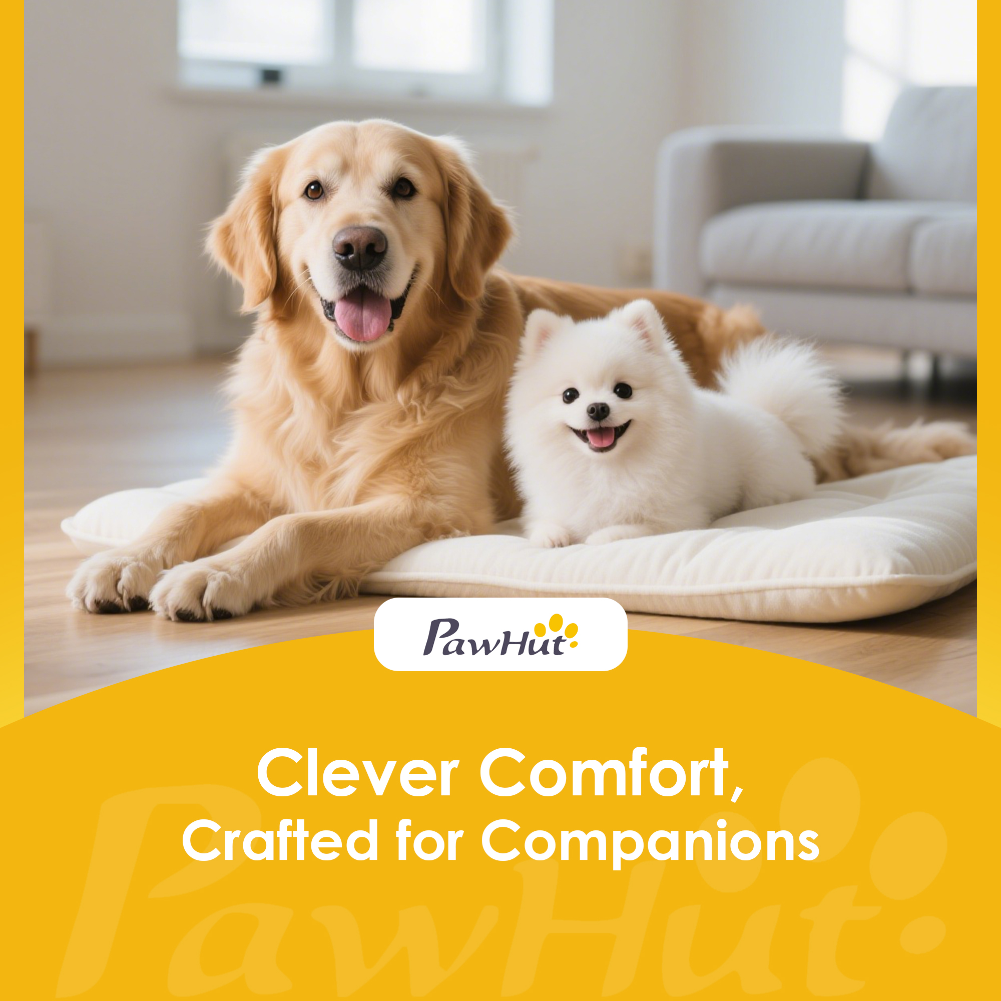 Un golden retriever e un Pomerania bianco giacciono su un cuscino.