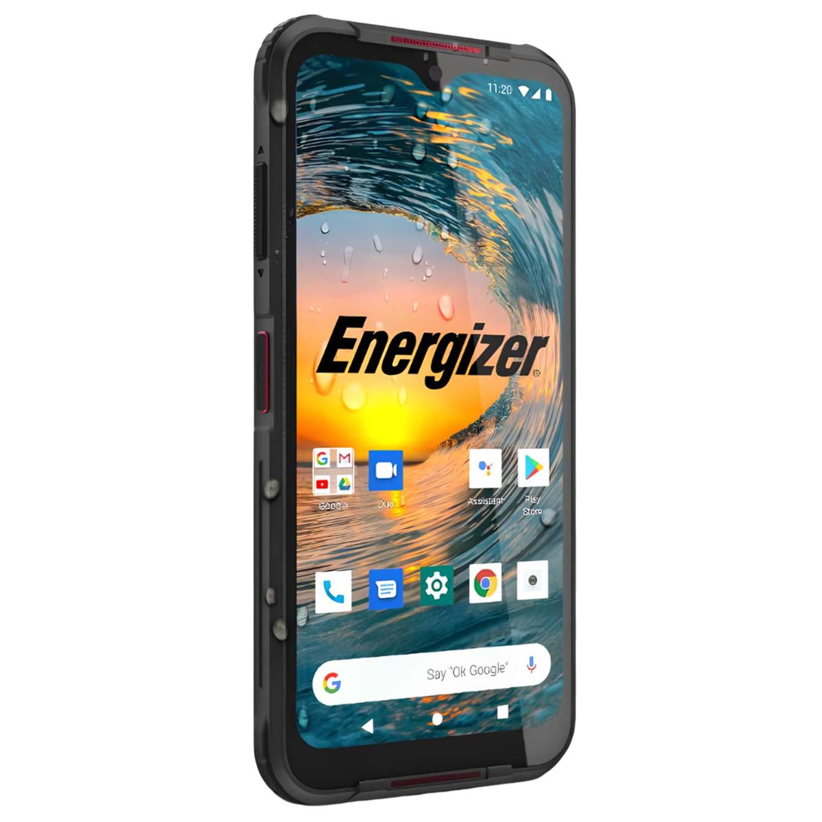 Ein robustes Energizer-Smartphone mit einem Wellen-Hintergrundbild und App-Symbolen.