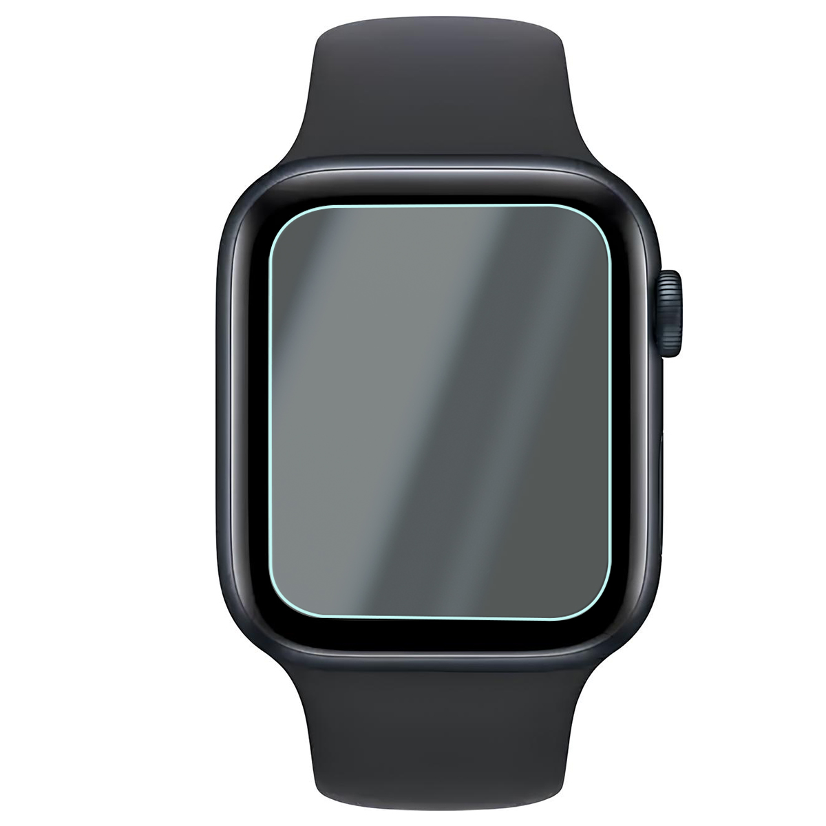 Ciemny smartwatch z dużym szarym ekranem i bocznym przyciskiem.