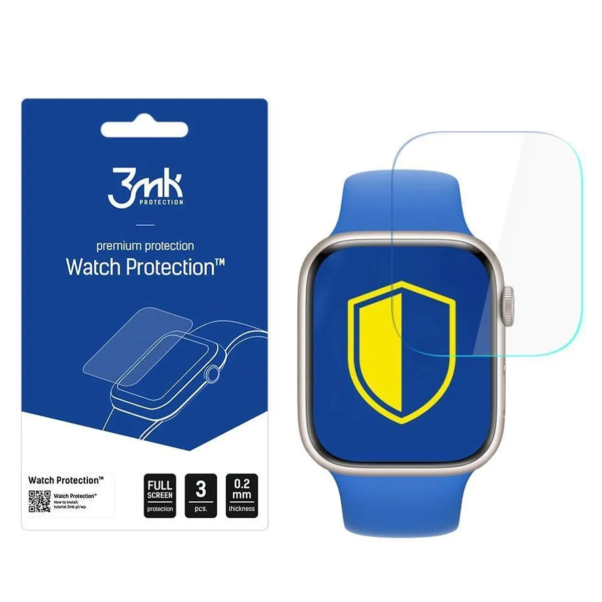 Niebieski smartwatch z opakowaniem osłony ekranu obok. Logo tarczy na ekranie.