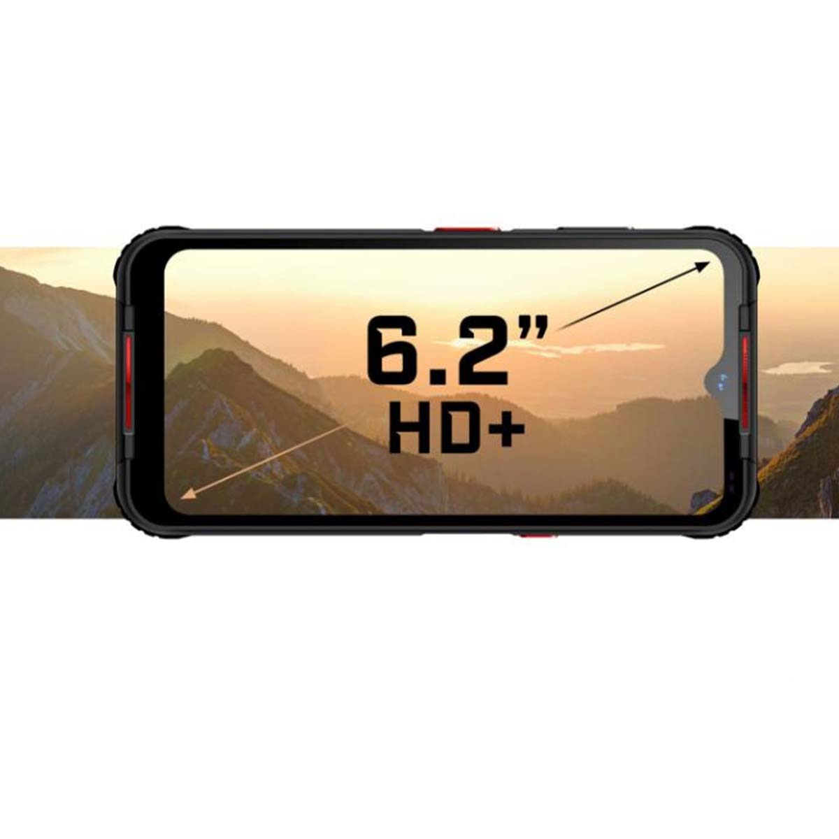 Ein Smartphone mit 6,2-Zoll-HD+-Bildschirm vor einer Berglandschaft.