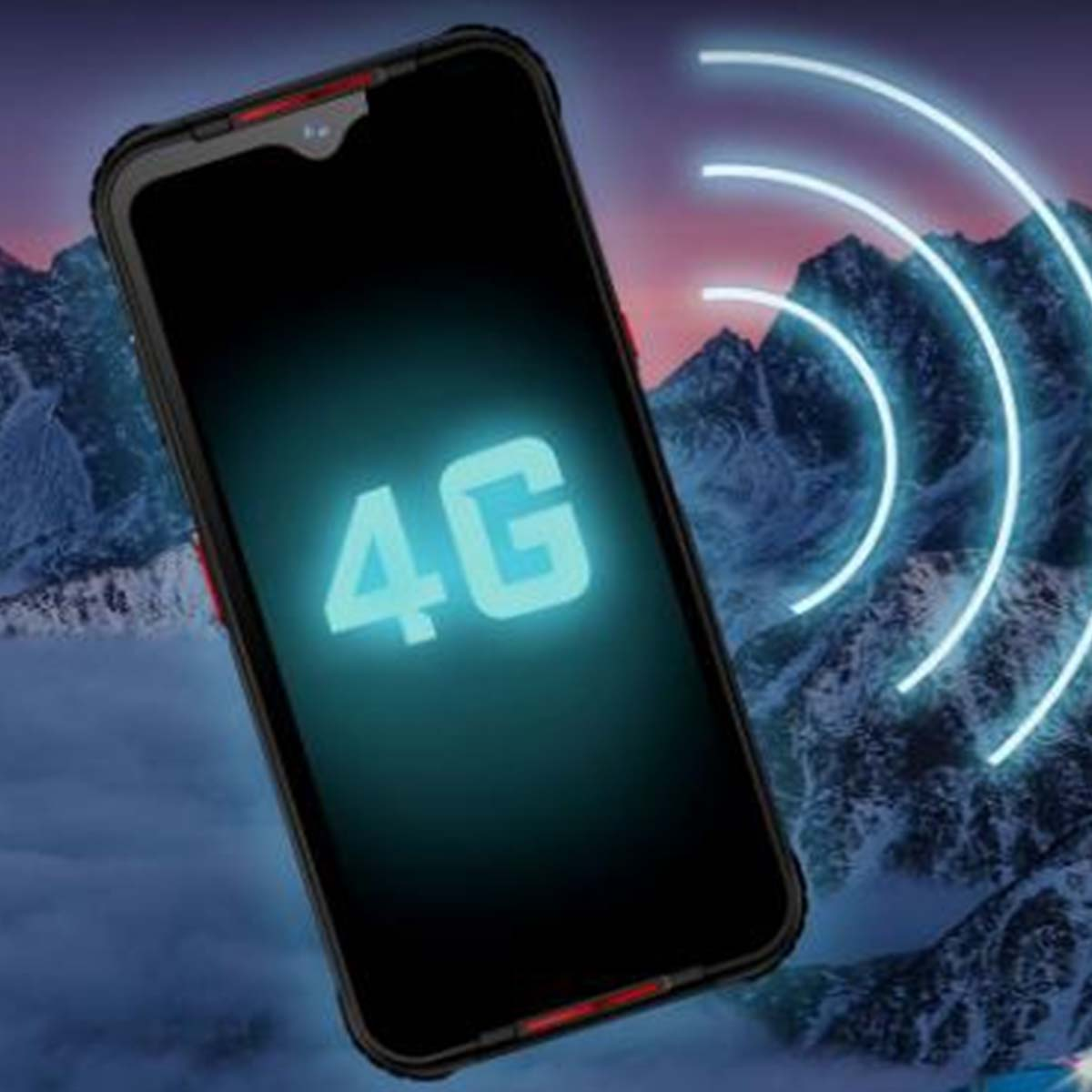 Ein Smartphone mit "4G"-Logo und Signalwellen vor einer Berglandschaft.