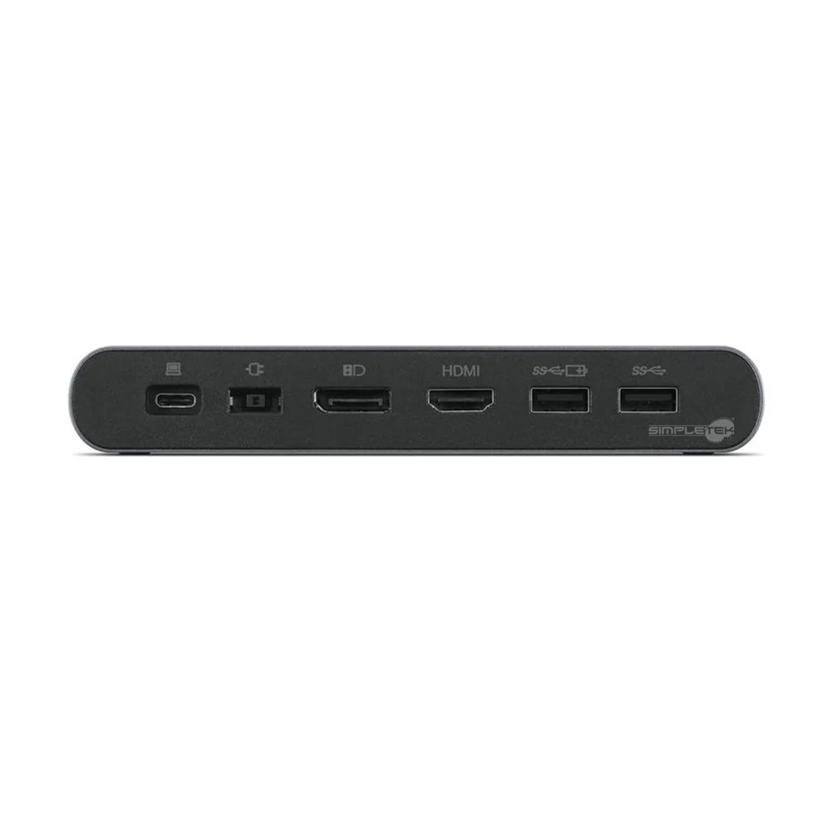 Un concentrador USB-C negro con puertos USB-C, HDMI y USB-A.